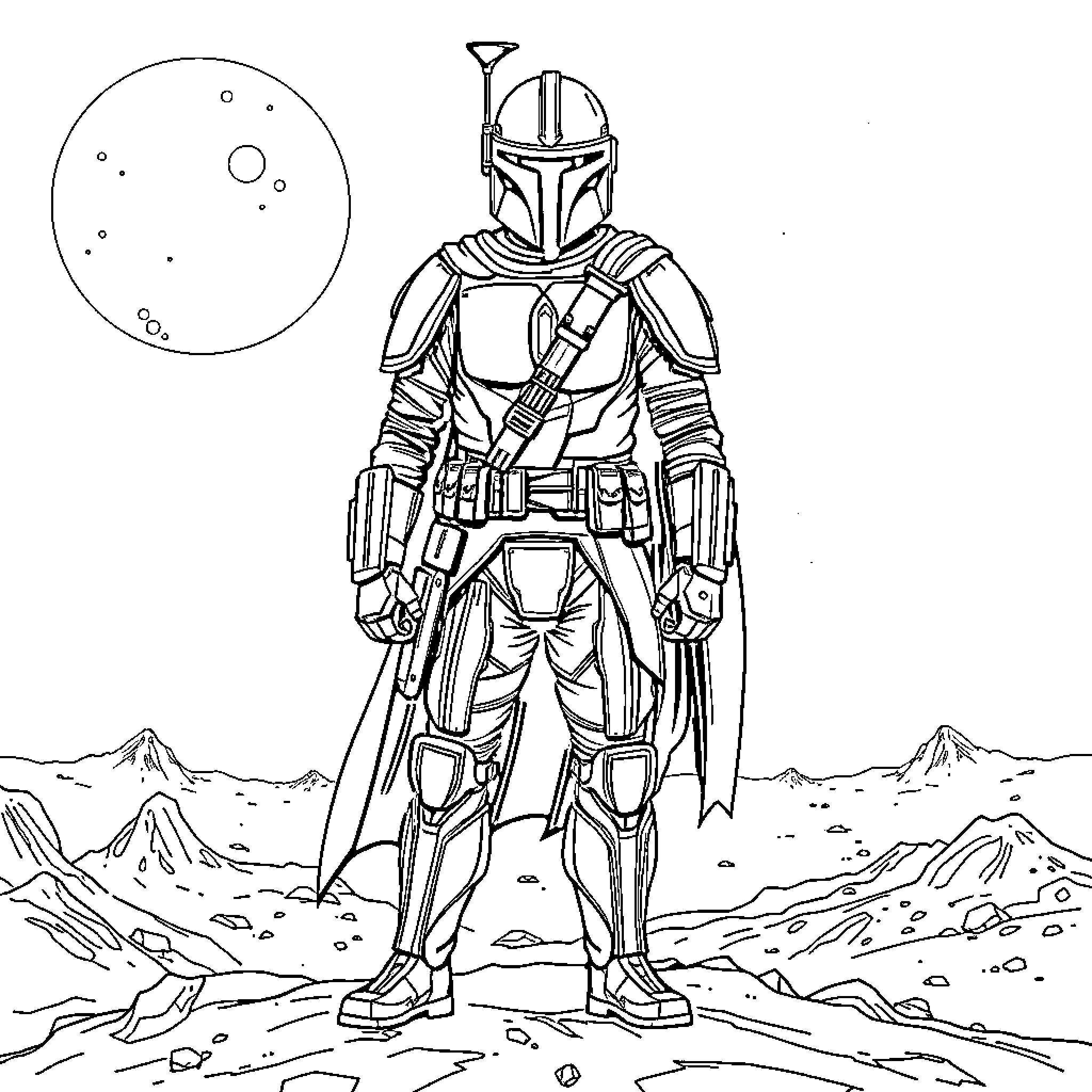 Mandalorian Warrior in Futuristic Armored Suit Coloring Page (free black-and-white line drawing printable PDF for all, from beginners to advanced learners, including children, teens, adults, and seniors)