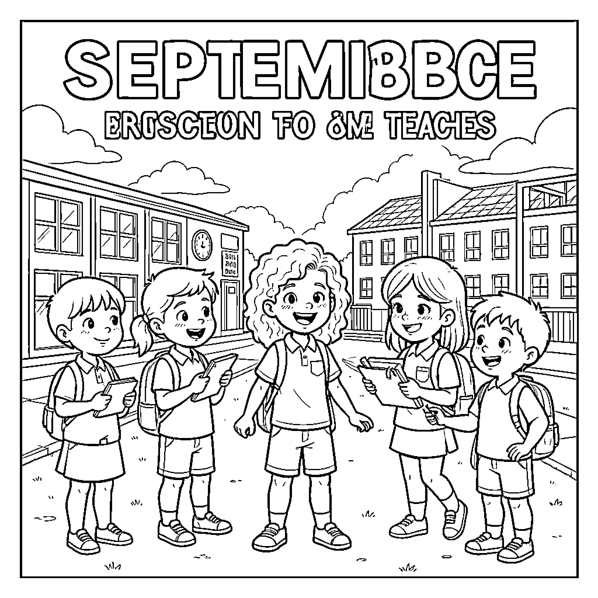 School children smiling and holding notebooks outdoors Coloring Page (free black-and-white line drawing printable PDF for all, from beginners to advanced learners, including children, teens, adults, and seniors)