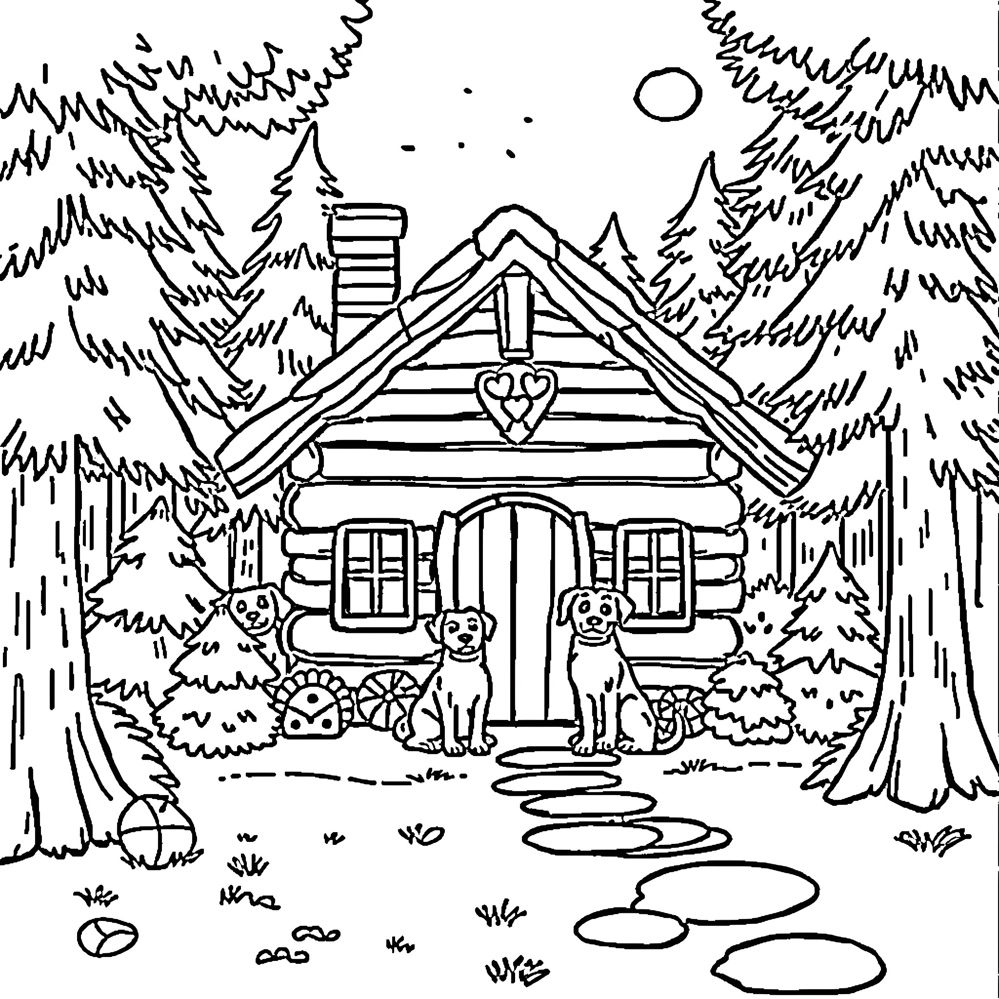 House with pets in the forest Coloring Page (free black-and-white line drawing printable PDF for all, from beginners to advanced learners, including children, teens, adults, and seniors)