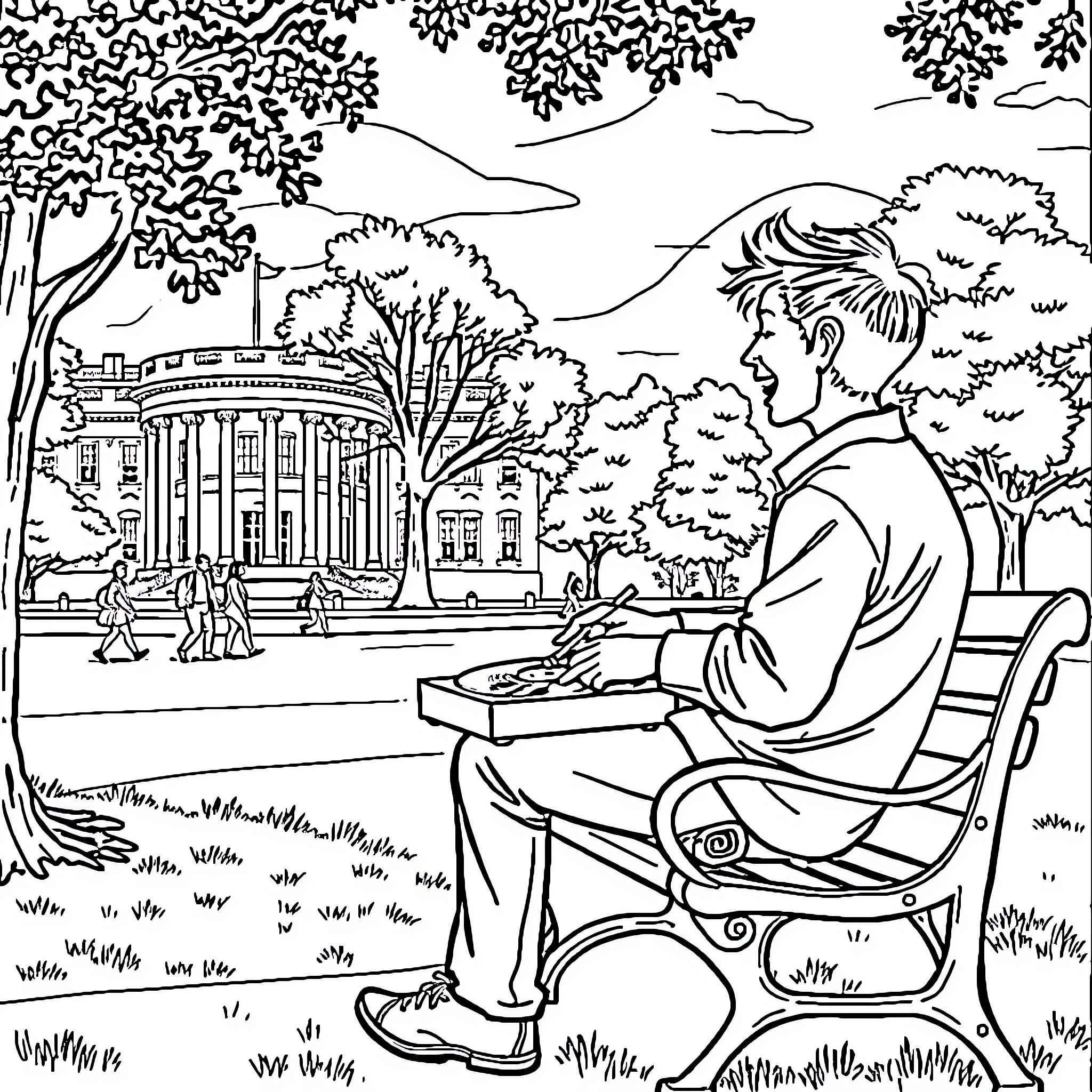 Vinyl Sketching Outdoors Under the Trees Coloring Page (free black-and-white line drawing printable PDF for all, from beginners to advanced learners, including children, teens, adults, and seniors)
