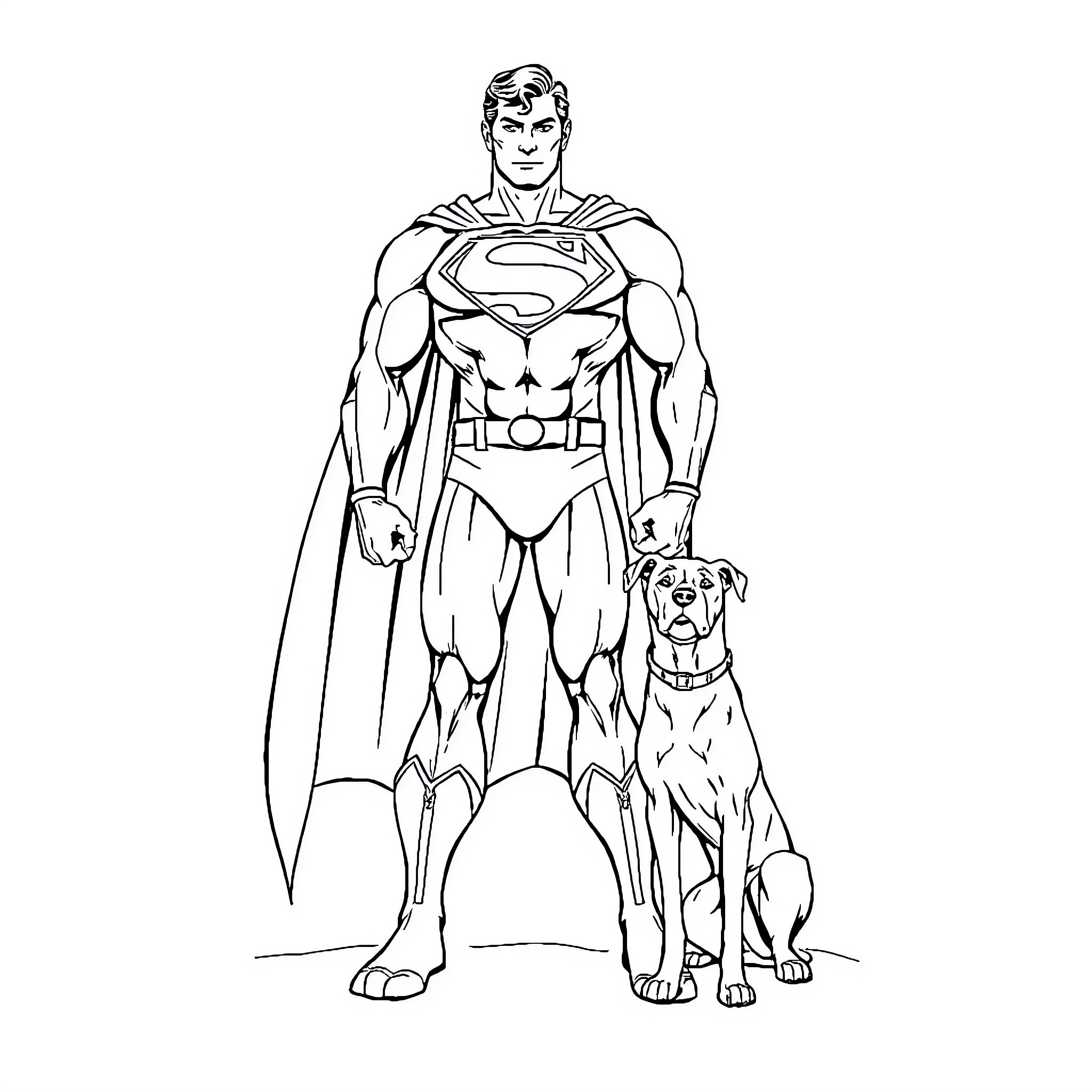 Superman standing tall with his loyal canine companion Coloring Page (free black-and-white line drawing printable PDF for all, from beginners to advanced learners, including children, teens, adults, and seniors)