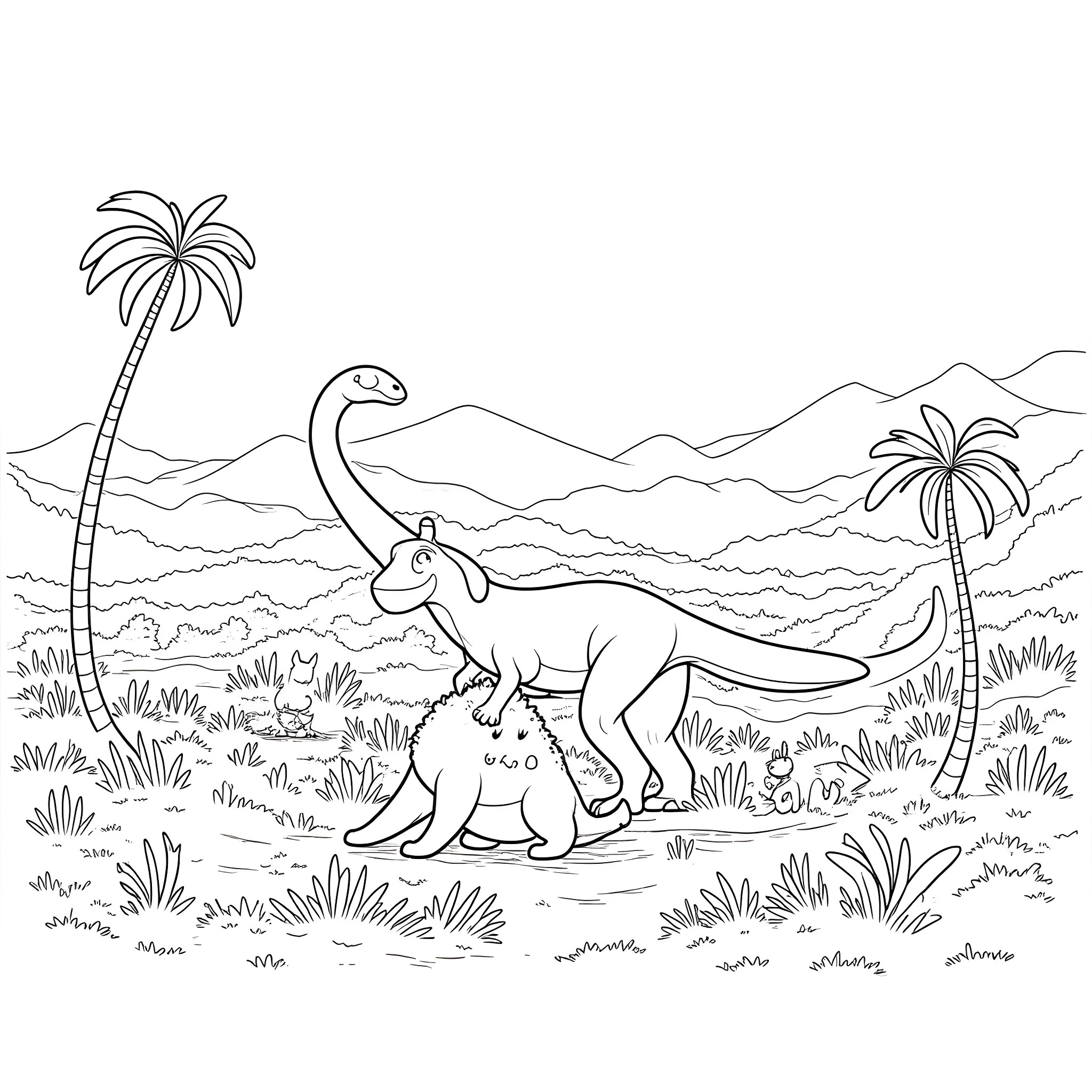 Pokémon dinosaurs exploring tropical landscape Coloring Page (free black-and-white line drawing printable PDF for all, from beginners to advanced learners, including children, teens, adults, and seniors)