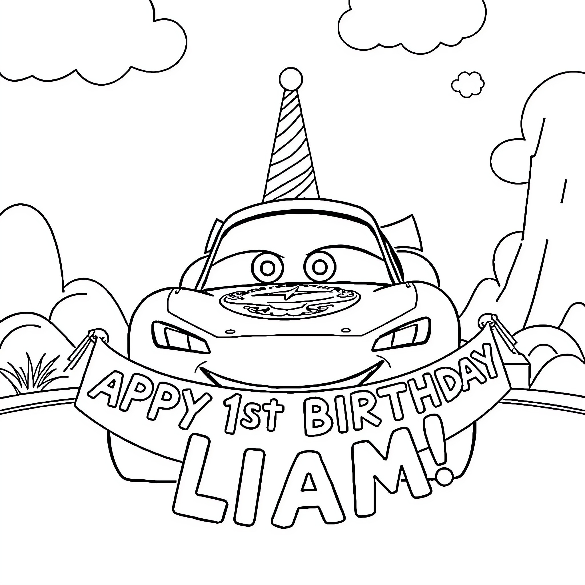 Lightning McQueen celebrating 1st birthday Coloring Page (free black-and-white line drawing printable PDF for all, from beginners to advanced learners, including children, teens, adults, and seniors)