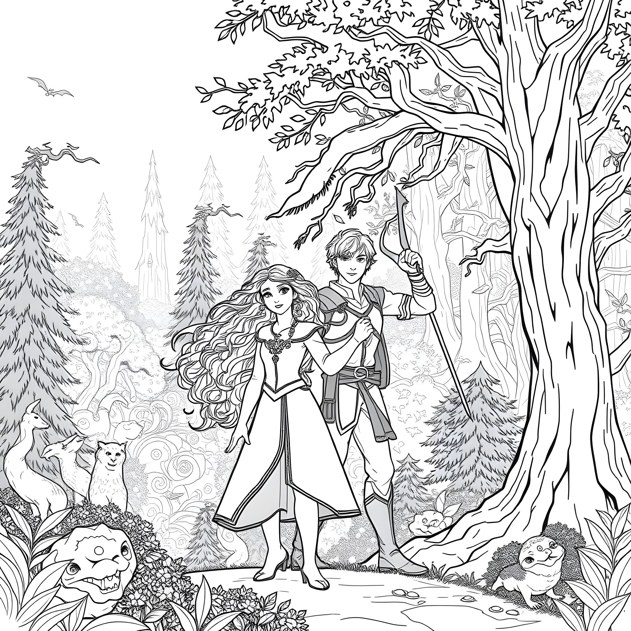Merida's Adventure in the Enchanted Forest Coloring Page (free black-and-white line drawing printable PDF for all, from beginners to advanced learners, including children, teens, adults, and seniors)