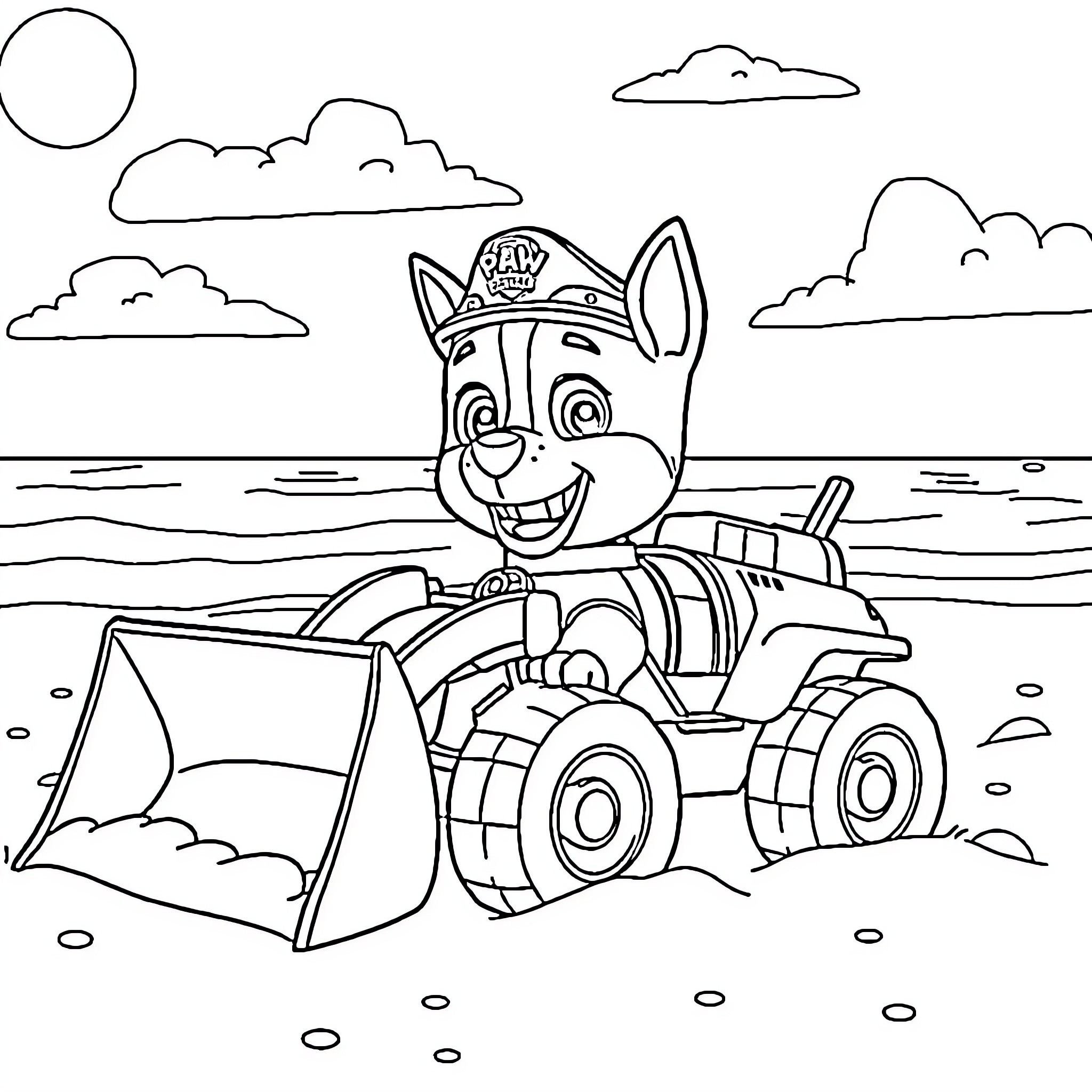 Marshall's Construction Site Adventure Coloring Page (free black-and-white line drawing printable PDF for all, from beginners to advanced learners, including children, teens, adults, and seniors)