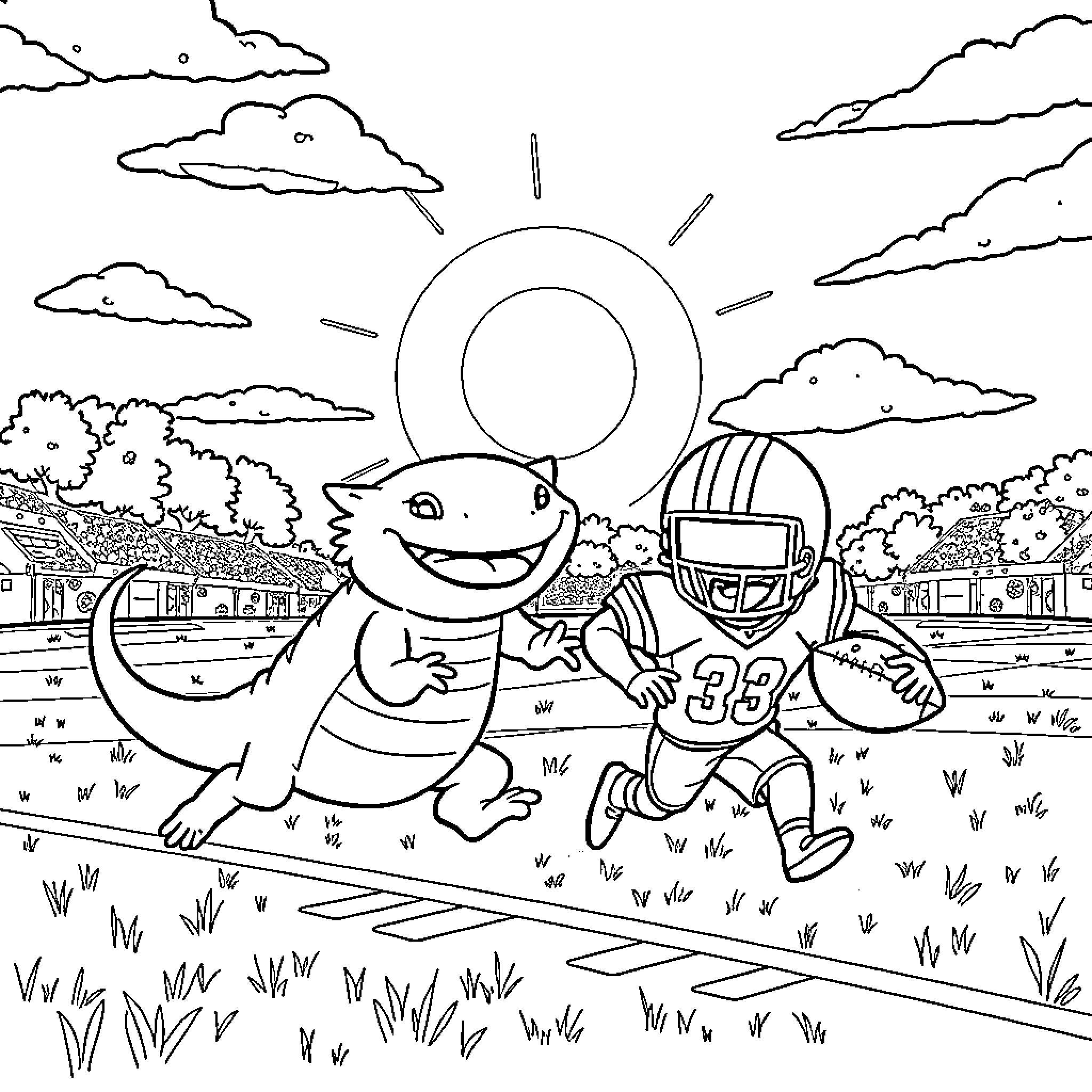 Axolotl playing football in a sunny field Coloring Page (free black-and-white line drawing printable PDF for all, from beginners to advanced learners, including children, teens, adults, and seniors)