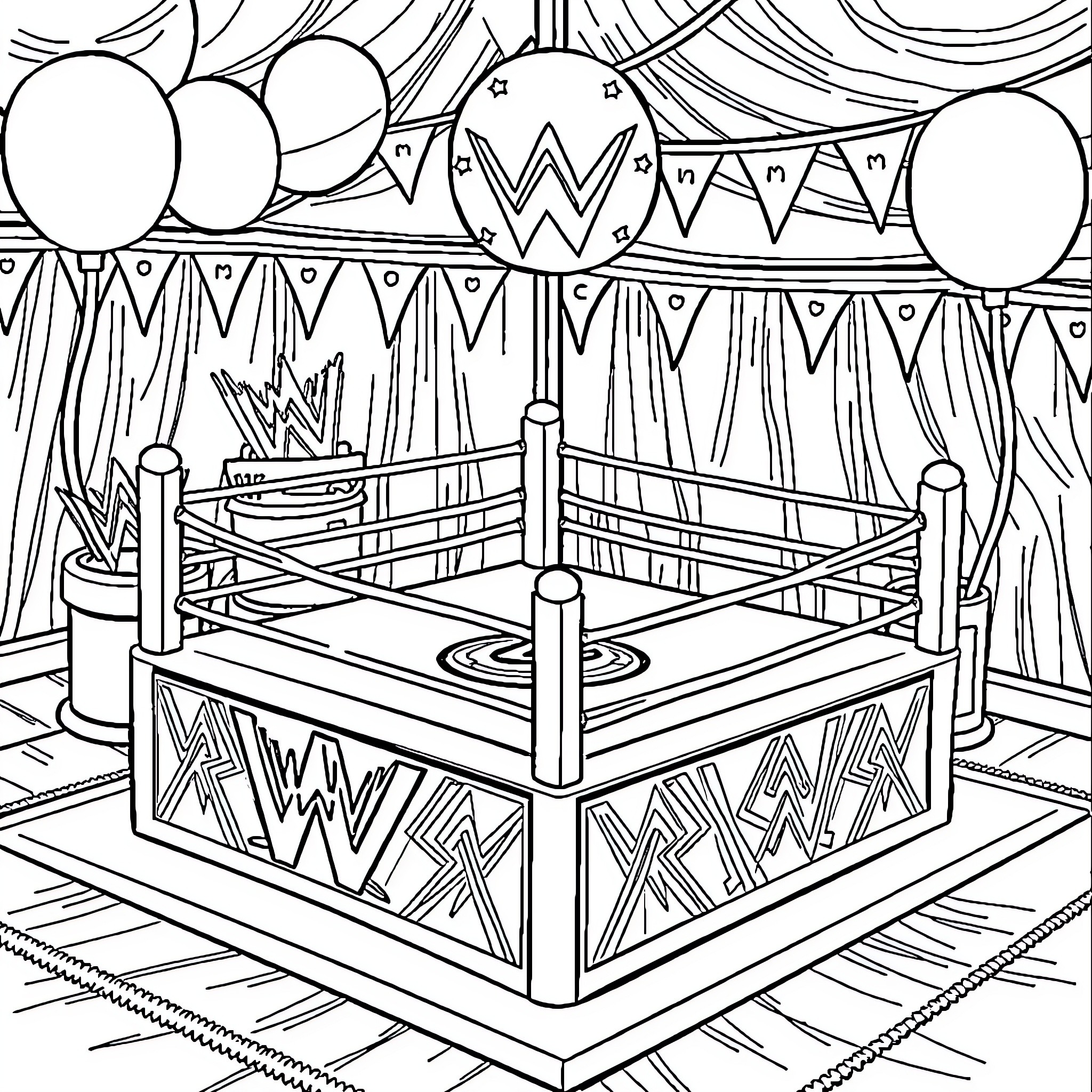 WWE Wrestlers Battling in a Decorated Ring Coloring Page (free black-and-white line drawing printable PDF for all, from beginners to advanced learners, including children, teens, adults, and seniors)