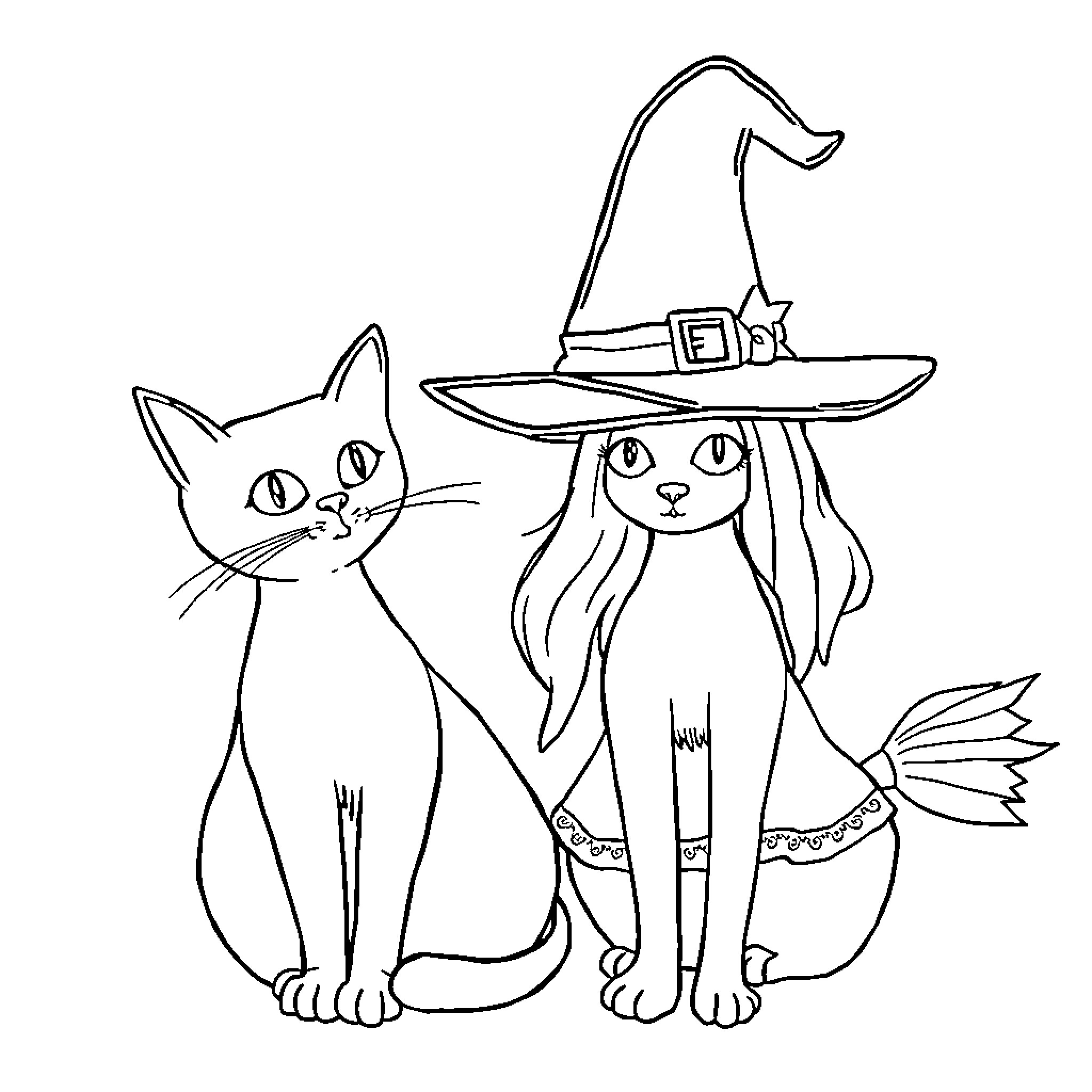 Cat and witch enjoying Halloween together Coloring Page (free black-and-white line drawing printable PDF for all, from beginners to advanced learners, including children, teens, adults, and seniors)