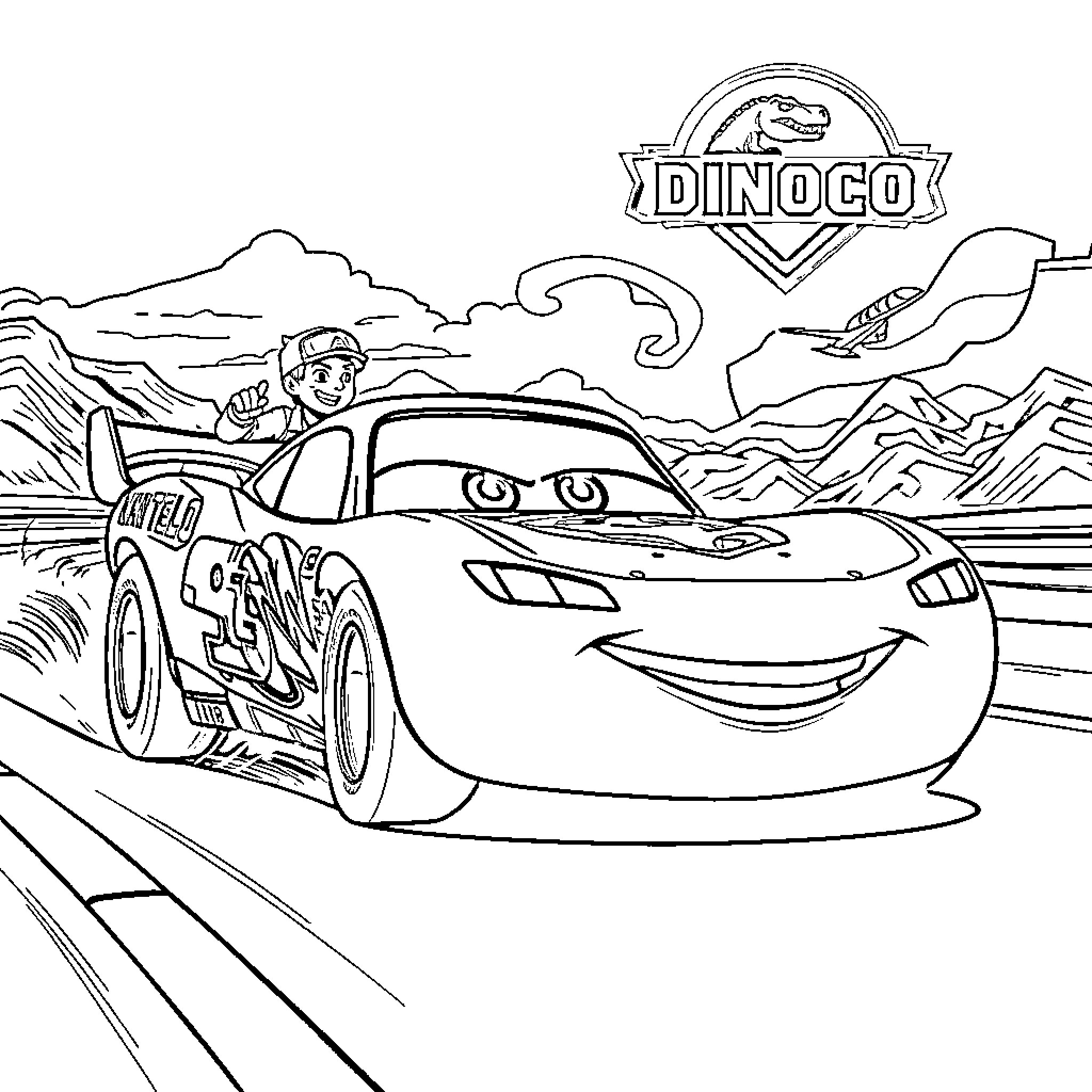 Rayo McQueen racing through the desert Coloring Page (free black-and-white line drawing printable PDF for all, from beginners to advanced learners, including children, teens, adults, and seniors)