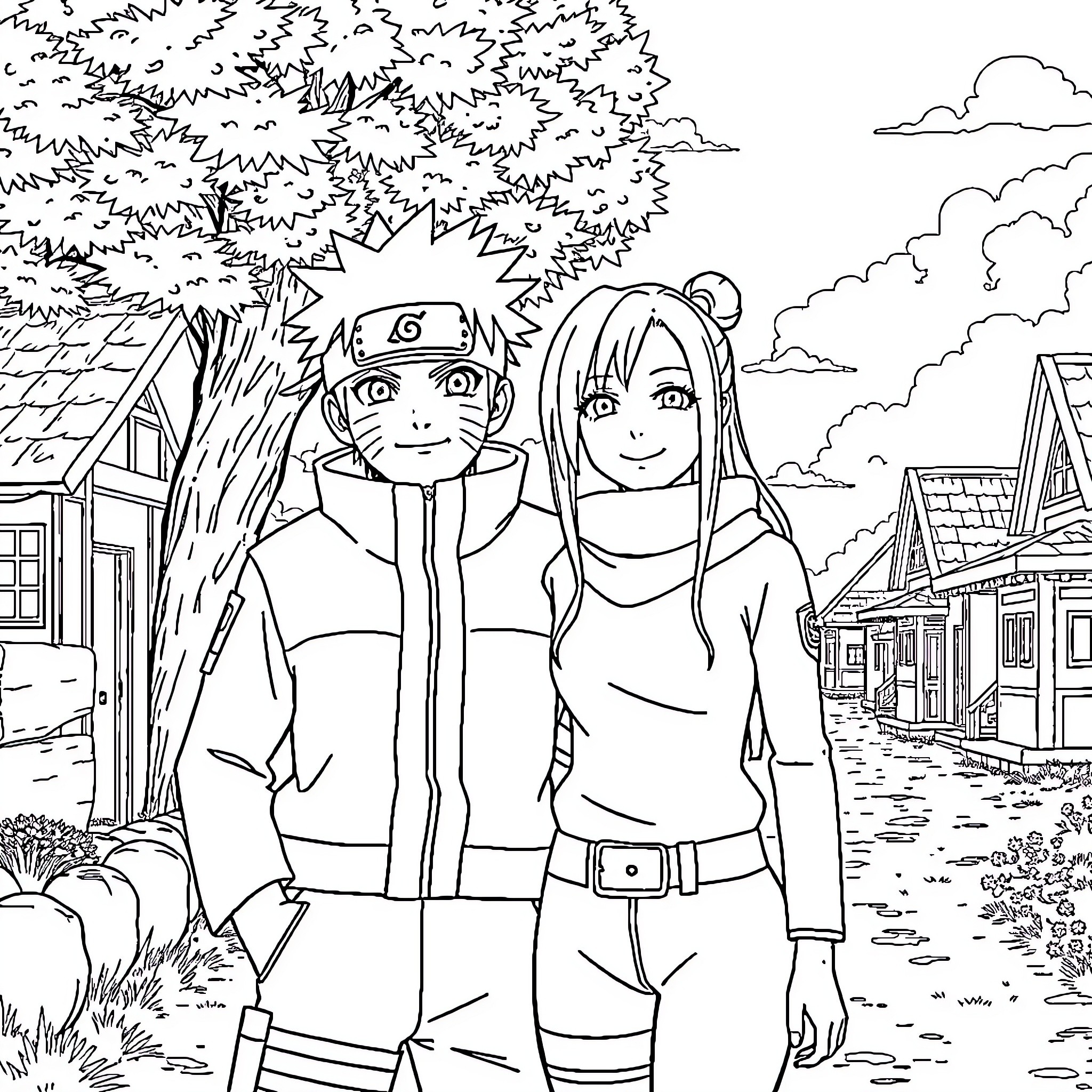 Naruto and Sakura on a village adventure Coloring Page (free black-and-white line drawing printable PDF for all, from beginners to advanced learners, including children, teens, adults, and seniors)