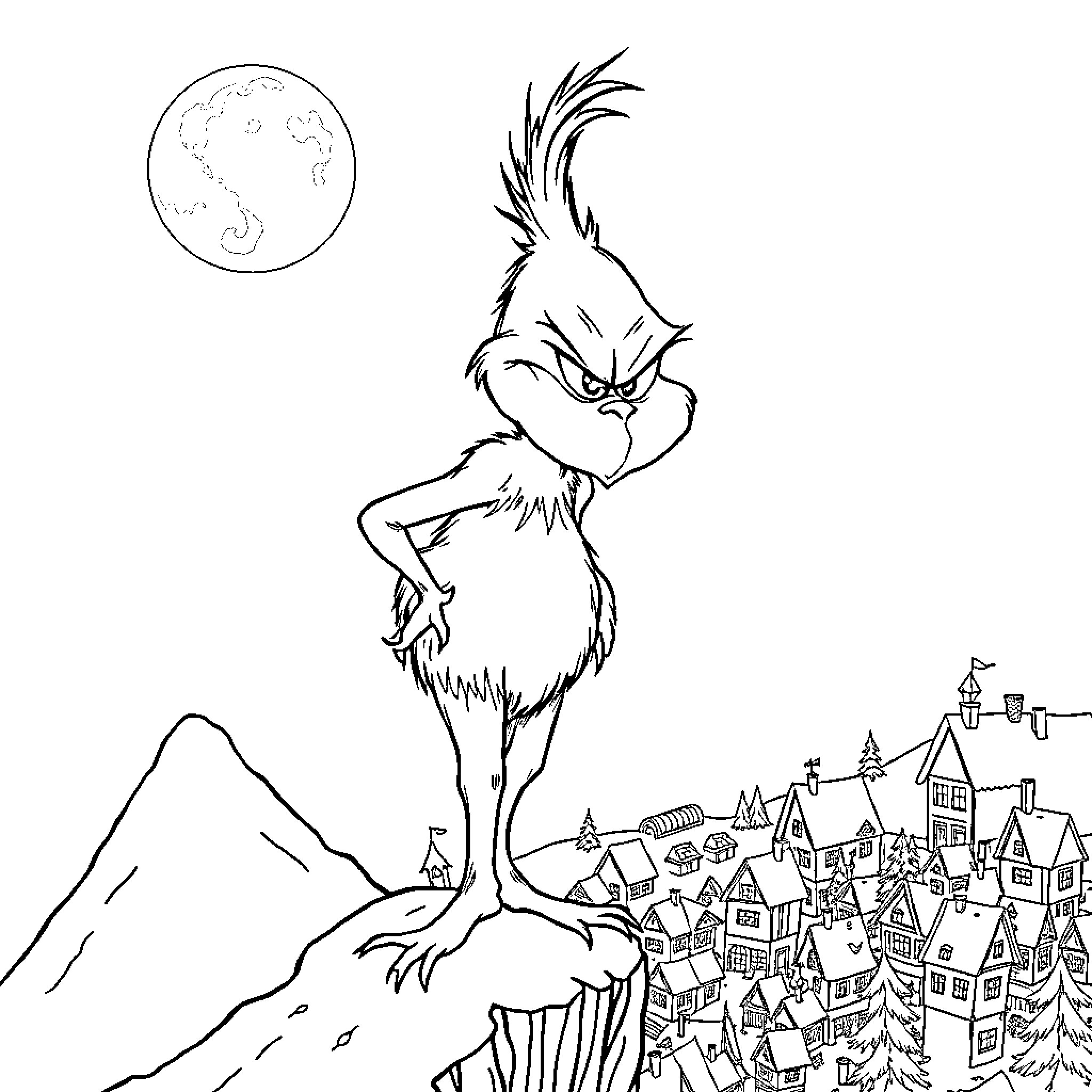 Grinch overlooking the town from a snowy mountainside Coloring Page (free black-and-white line drawing printable PDF for all, from beginners to advanced learners, including children, teens, adults, and seniors)