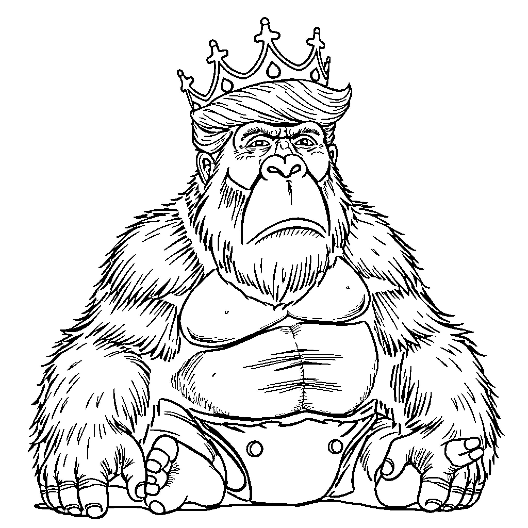 Donald Trump as a Powerful Primate King Coloring Page (free black-and-white line drawing printable PDF for all, from beginners to advanced learners, including children, teens, adults, and seniors)