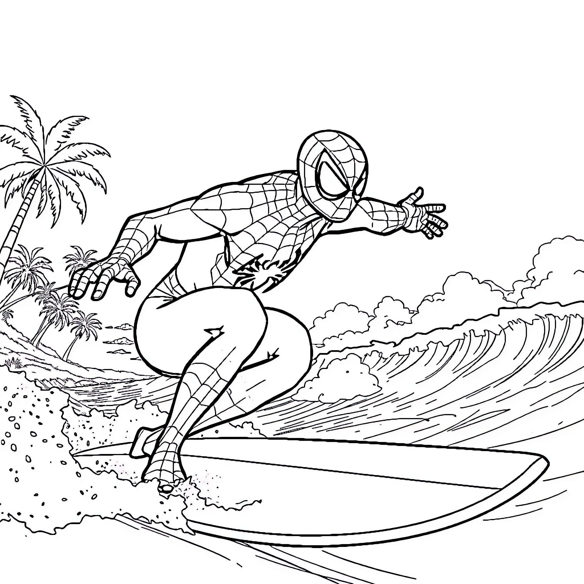 Spiderman surfing on a giant wave Coloring Page (free black-and-white line drawing printable PDF for all, from beginners to advanced learners, including children, teens, adults, and seniors)