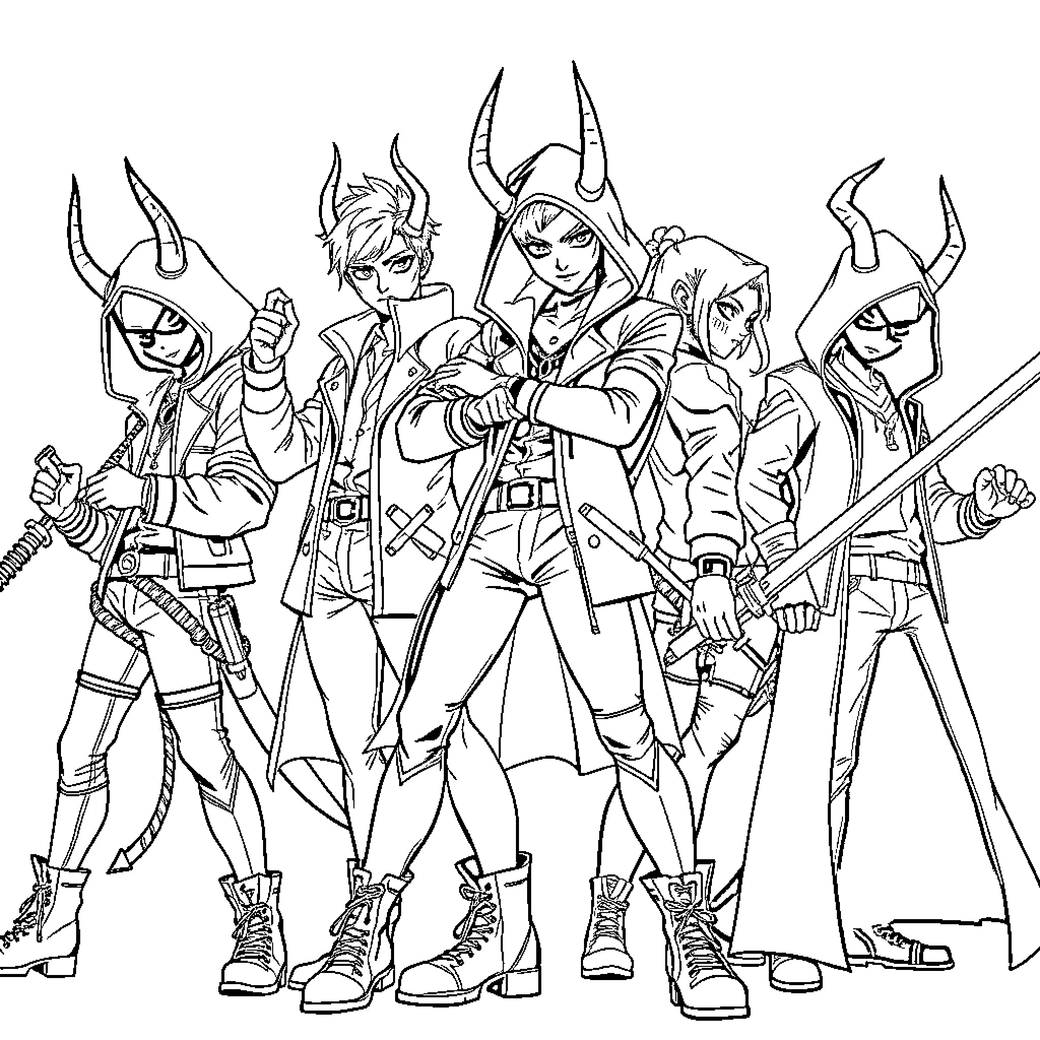 Demon Hunter Squad on Dangerous Mission Coloring Page (free black-and-white line drawing printable PDF for all, from beginners to advanced learners, including children, teens, adults, and seniors)