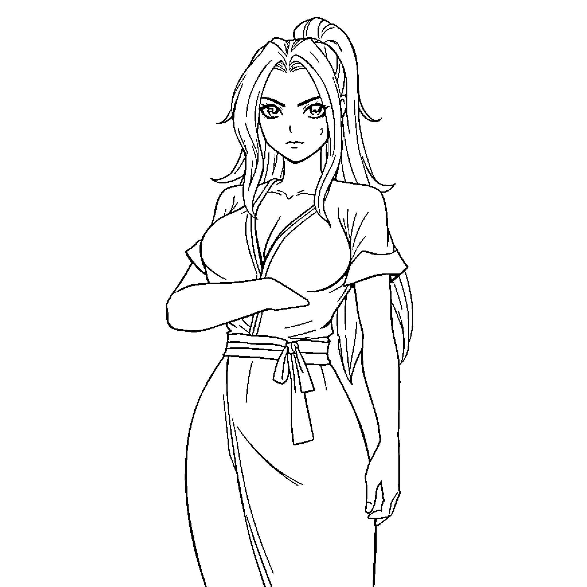 Tsunade in Confident Pose Coloring Page (free black-and-white line drawing printable PDF for all, from beginners to advanced learners, including children, teens, adults, and seniors)