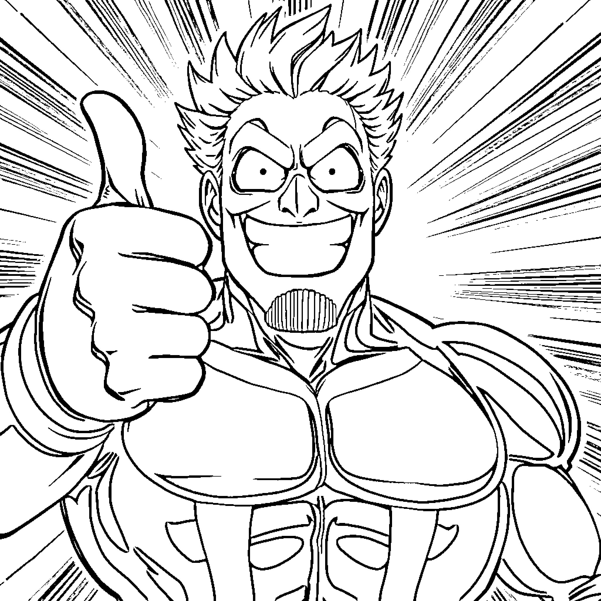 All Might Triumphant Heroic Gesture Coloring Page (free black-and-white line drawing printable PDF for all, from beginners to advanced learners, including children, teens, adults, and seniors)