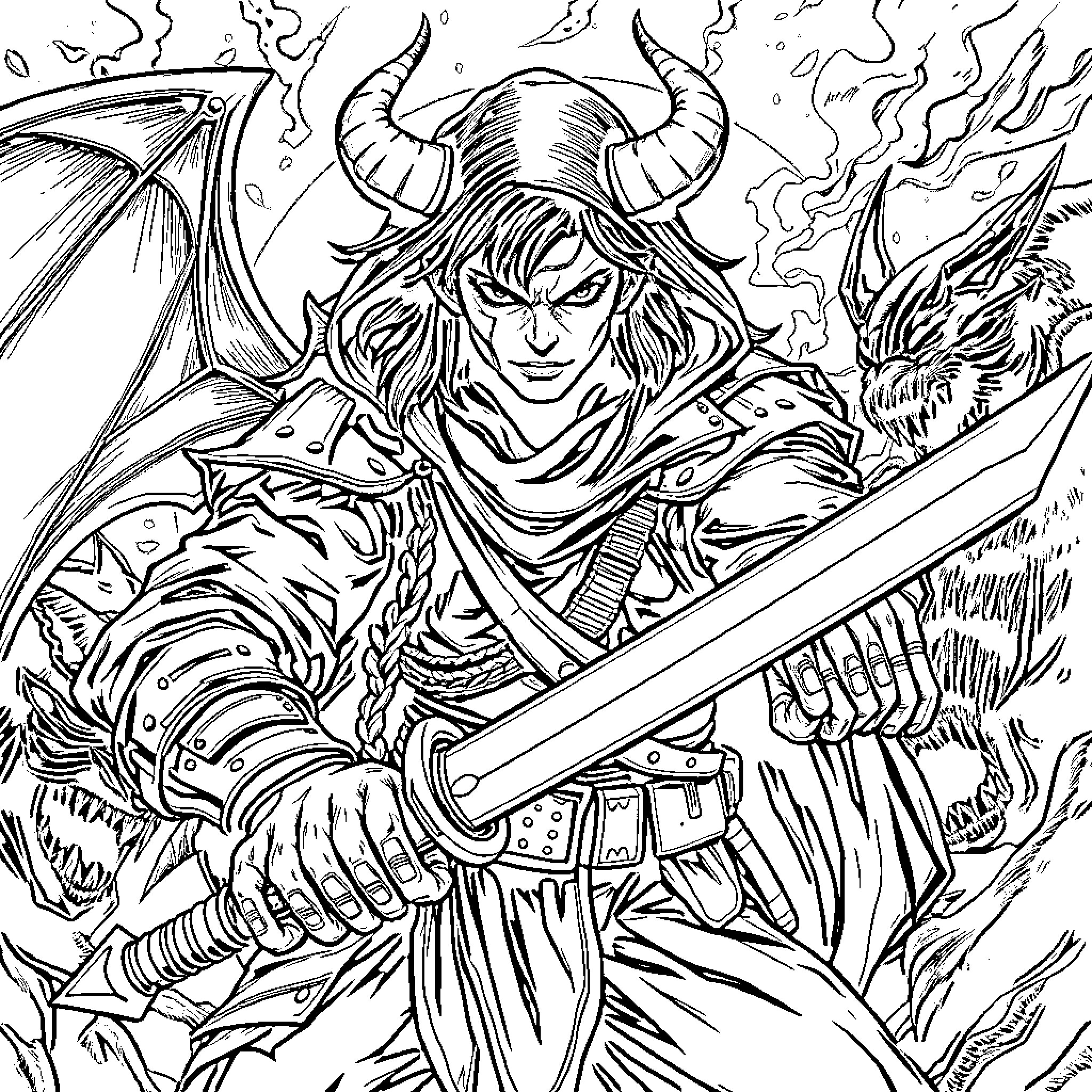 Demon Hunter Wielding Sword in Fierce Battle Coloring Page (free black-and-white line drawing printable PDF for all, from beginners to advanced learners, including children, teens, adults, and seniors)