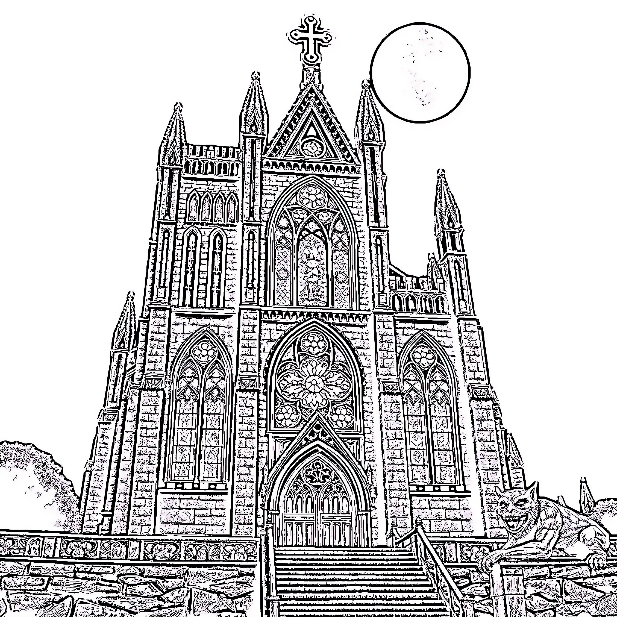 Cathedral of Spires and Arches Coloring Page (free black-and-white line drawing printable PDF for all, from beginners to advanced learners, including children, teens, adults, and seniors)