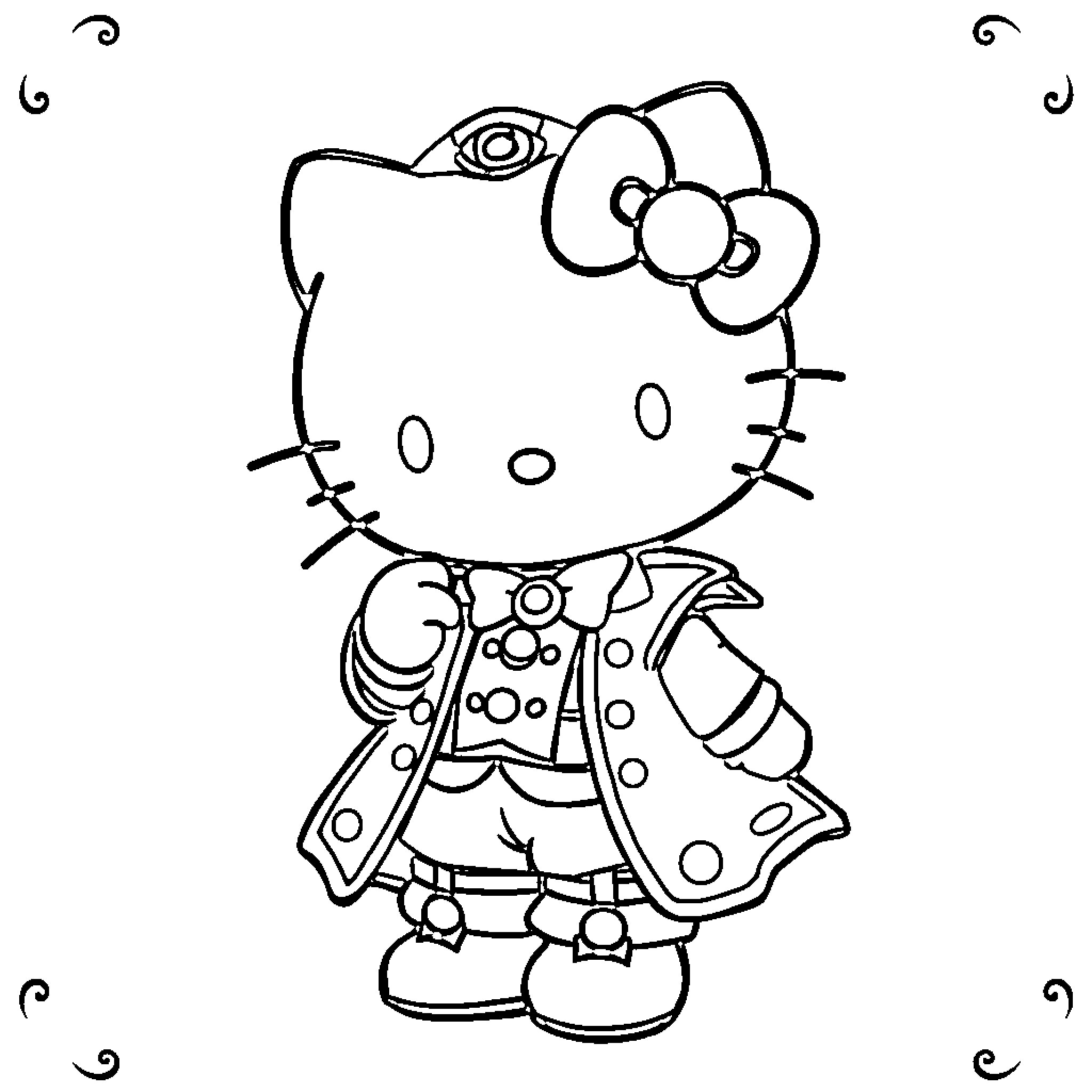Hello Kitty in polka dot dress Coloring Page (free black-and-white line drawing printable PDF for all, from beginners to advanced learners, including children, teens, adults, and seniors)