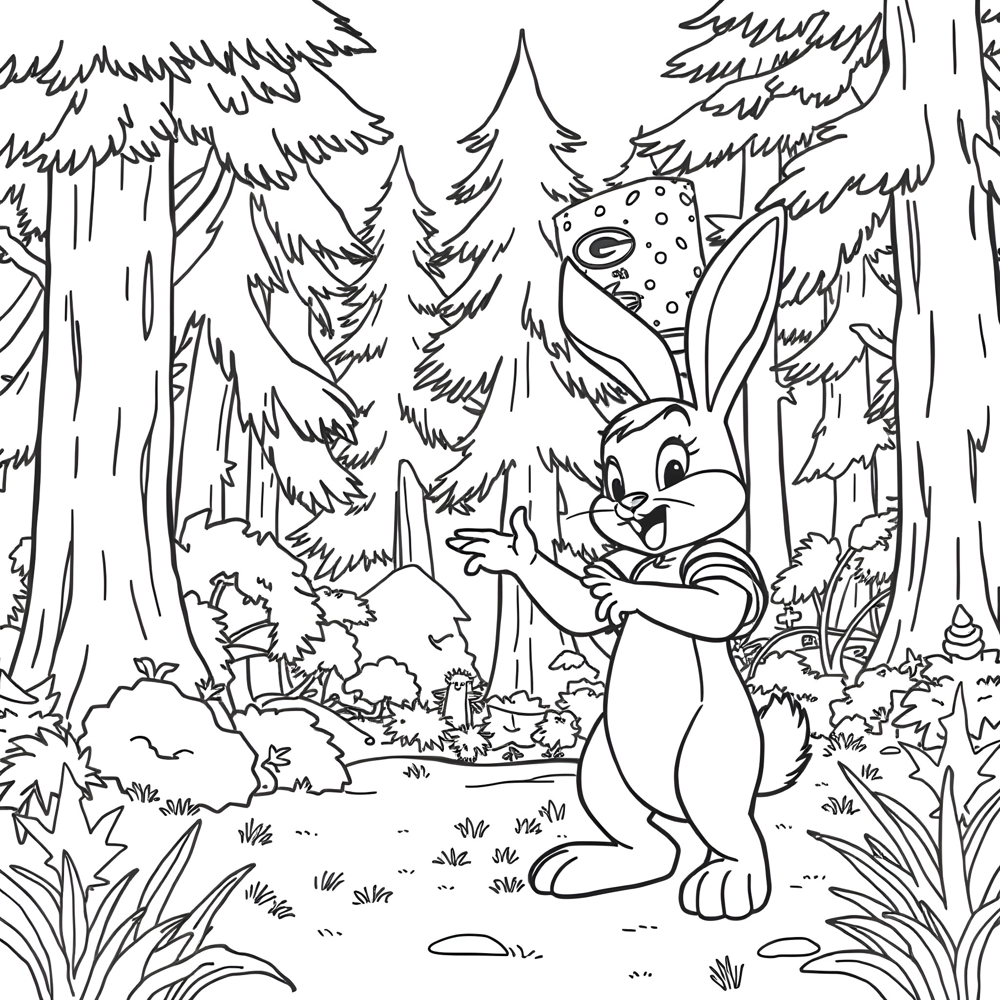 Thumper exploring the lush forest Coloring Page (free black-and-white line drawing printable PDF for all, from beginners to advanced learners, including children, teens, adults, and seniors)