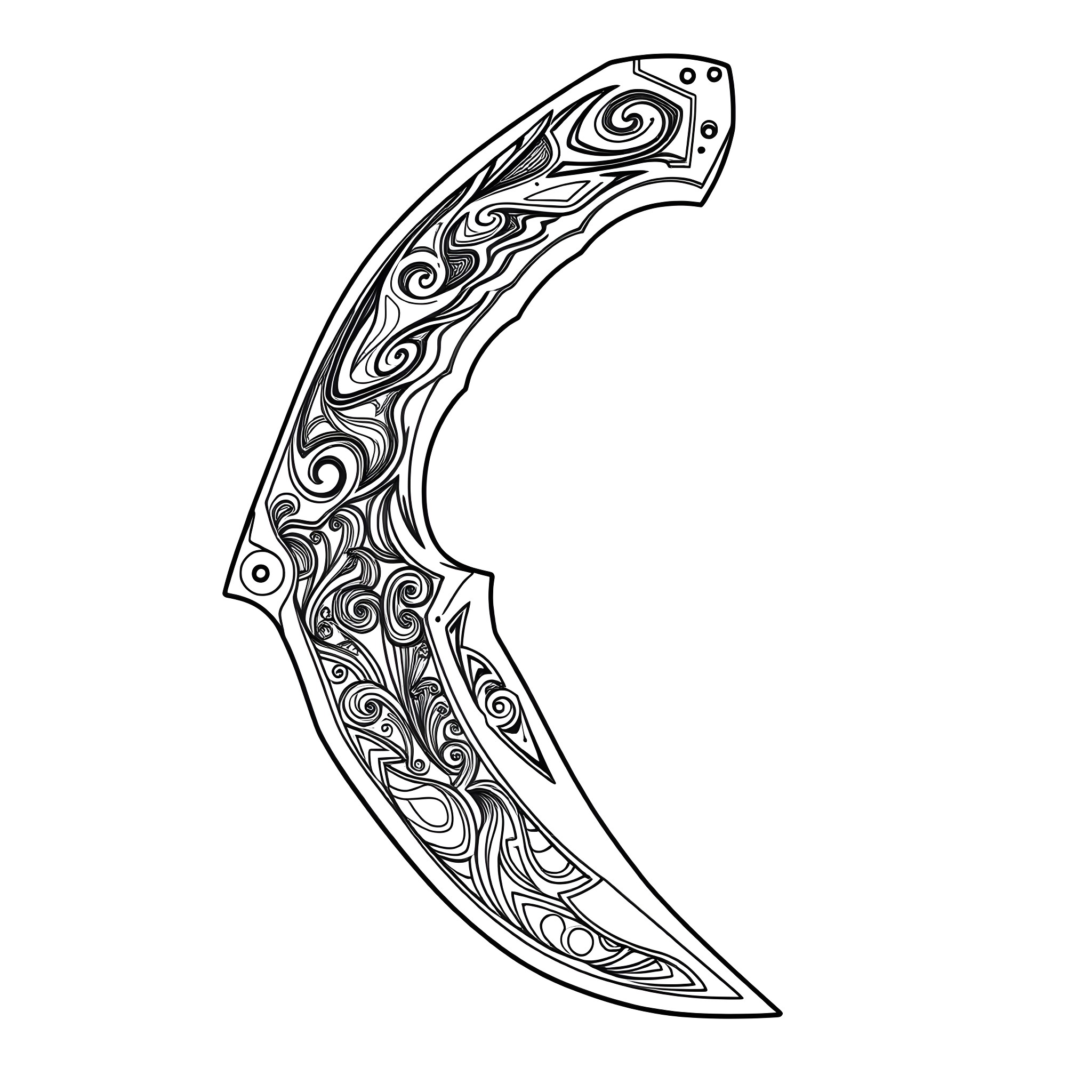 Karambit knife with intricate patterns Coloring Page (free black-and-white line drawing printable PDF for all, from beginners to advanced learners, including children, teens, adults, and seniors)