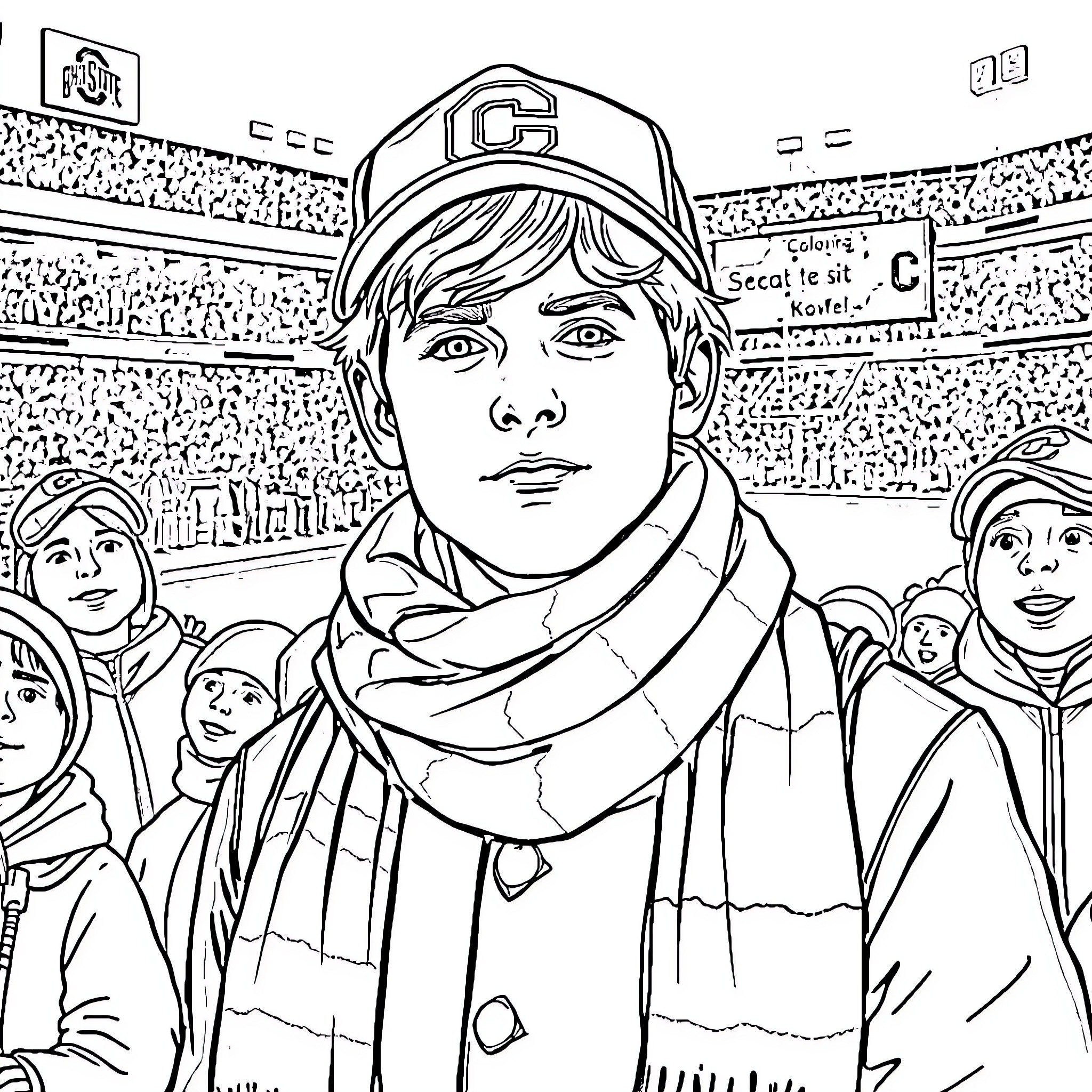Draco Malfoy at a sports stadium with a crowd Coloring Page (free black-and-white line drawing printable PDF for all, from beginners to advanced learners, including children, teens, adults, and seniors)