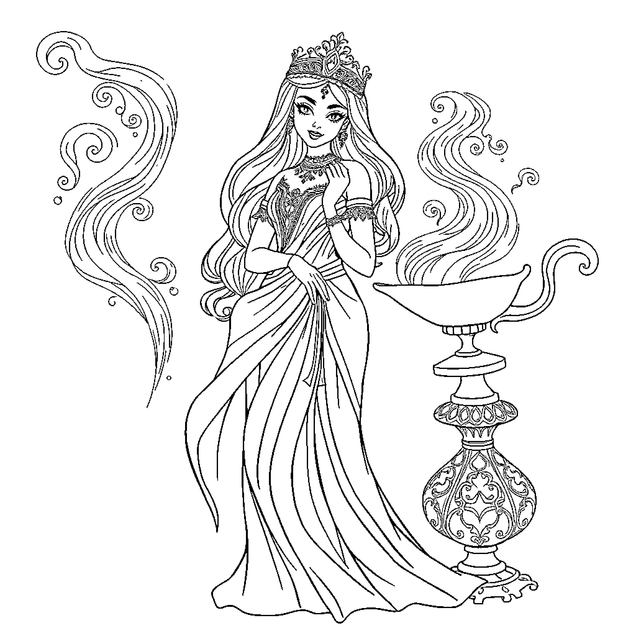 Princess in Elegant Gown with Magical Lamp Coloring Page (free black-and-white line drawing printable PDF for all, from beginners to advanced learners, including children, teens, adults, and seniors)