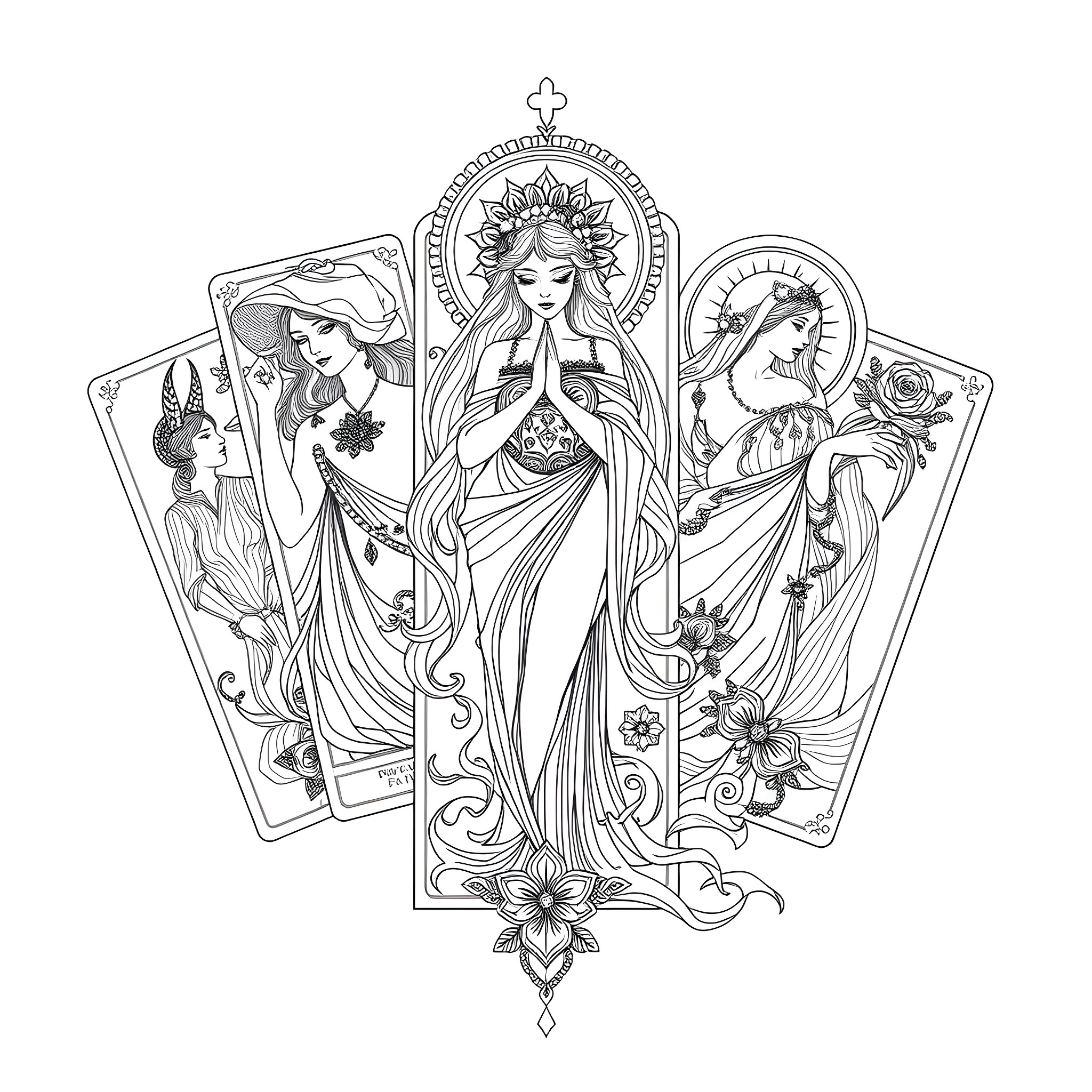 Tarot Arcana: Goddess and Mystical Tarot Cards Coloring Page (free black-and-white line drawing printable PDF for all, from beginners to advanced learners, including children, teens, adults, and seniors)