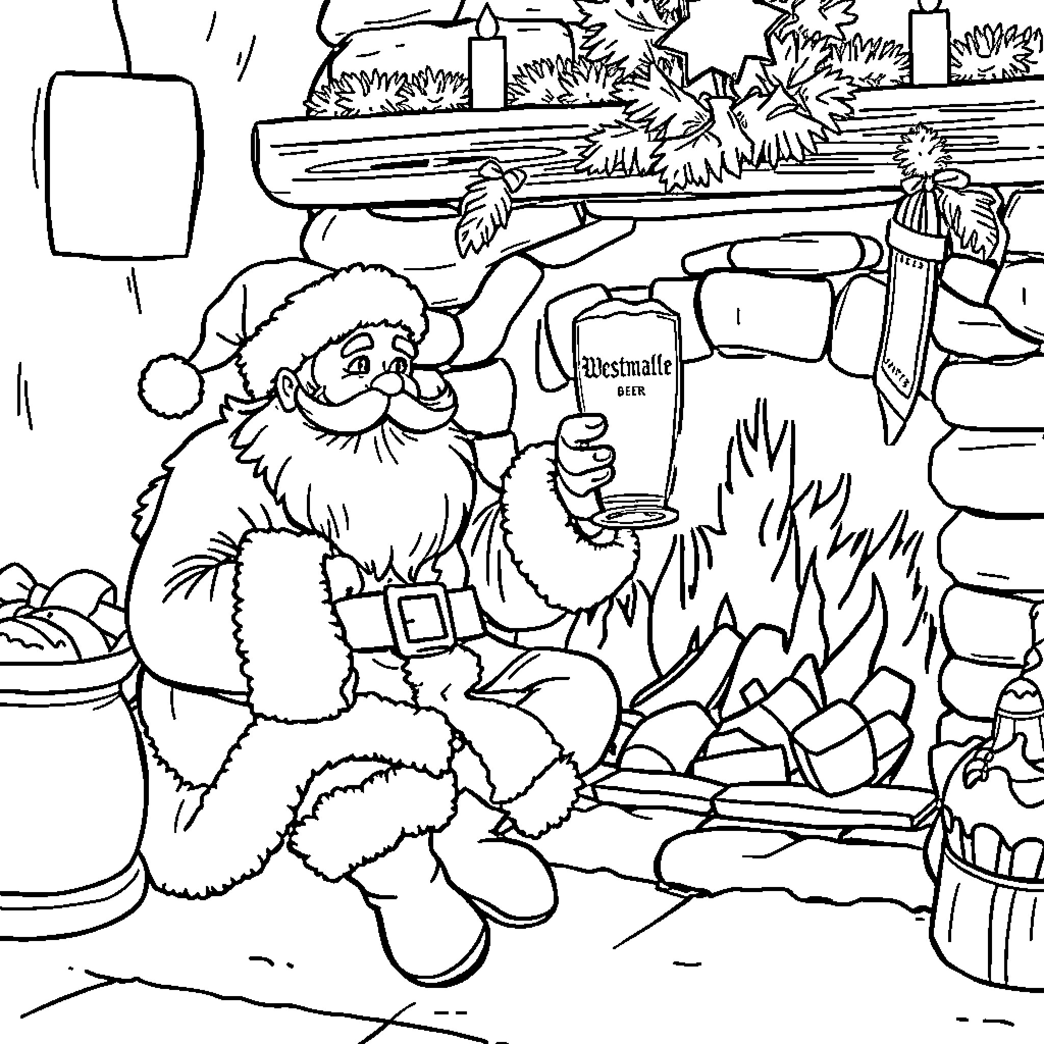 Santa preparing for Christmas in his cozy workshop Coloring Page (free black-and-white line drawing printable PDF for all, from beginners to advanced learners, including children, teens, adults, and seniors)