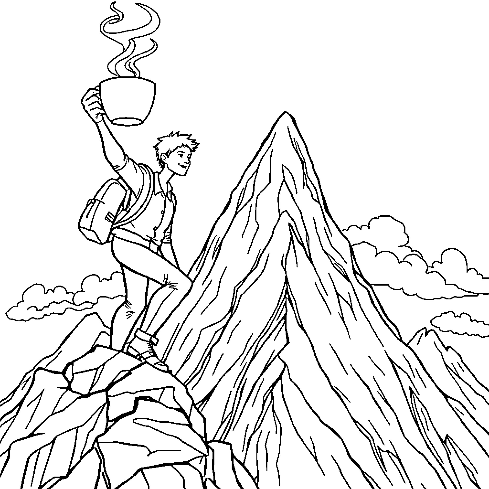 Teacher triumphantly conquers mountain top with warm beverage Coloring Page (free black-and-white line drawing printable PDF for all, from beginners to advanced learners, including children, teens, adults, and seniors)