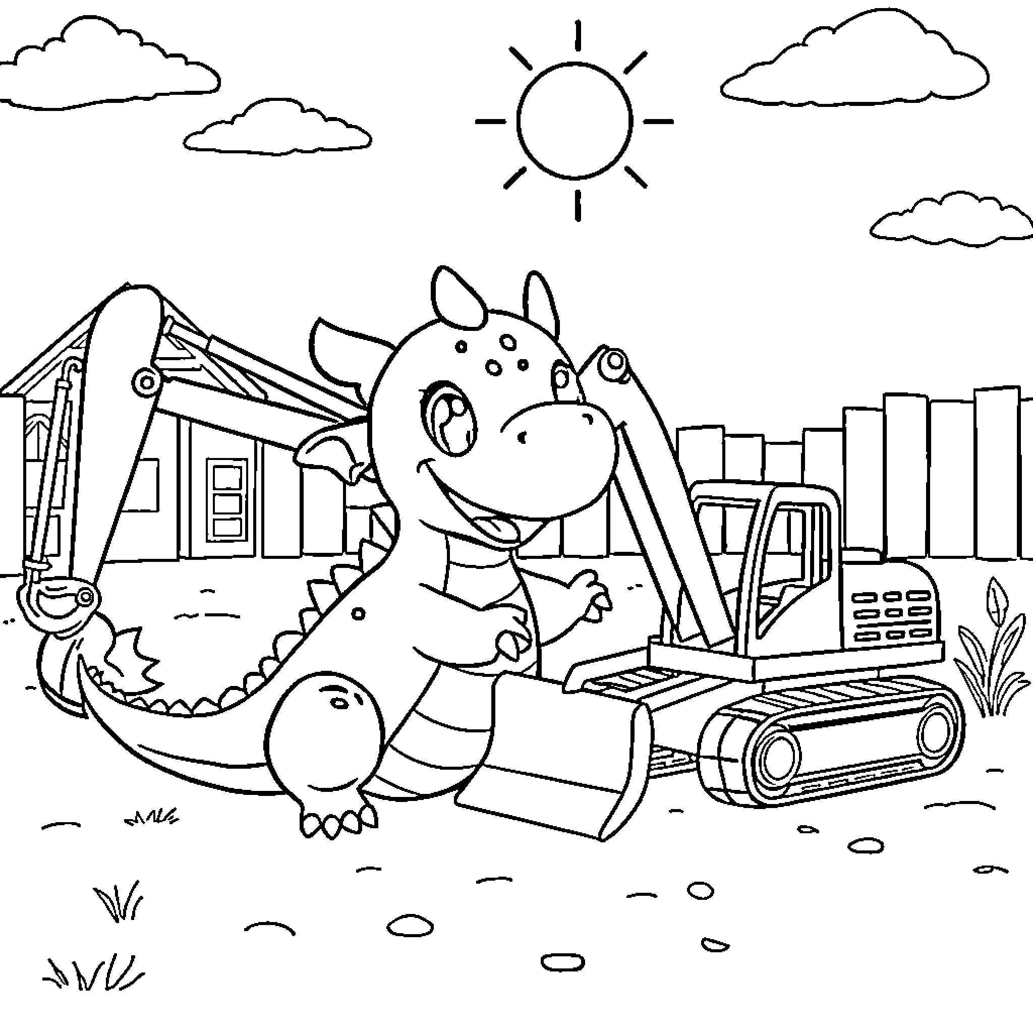 Dragon Operating Heavy Machinery on Construction Site Coloring Page (free black-and-white line drawing printable PDF for all, from beginners to advanced learners, including children, teens, adults, and seniors)