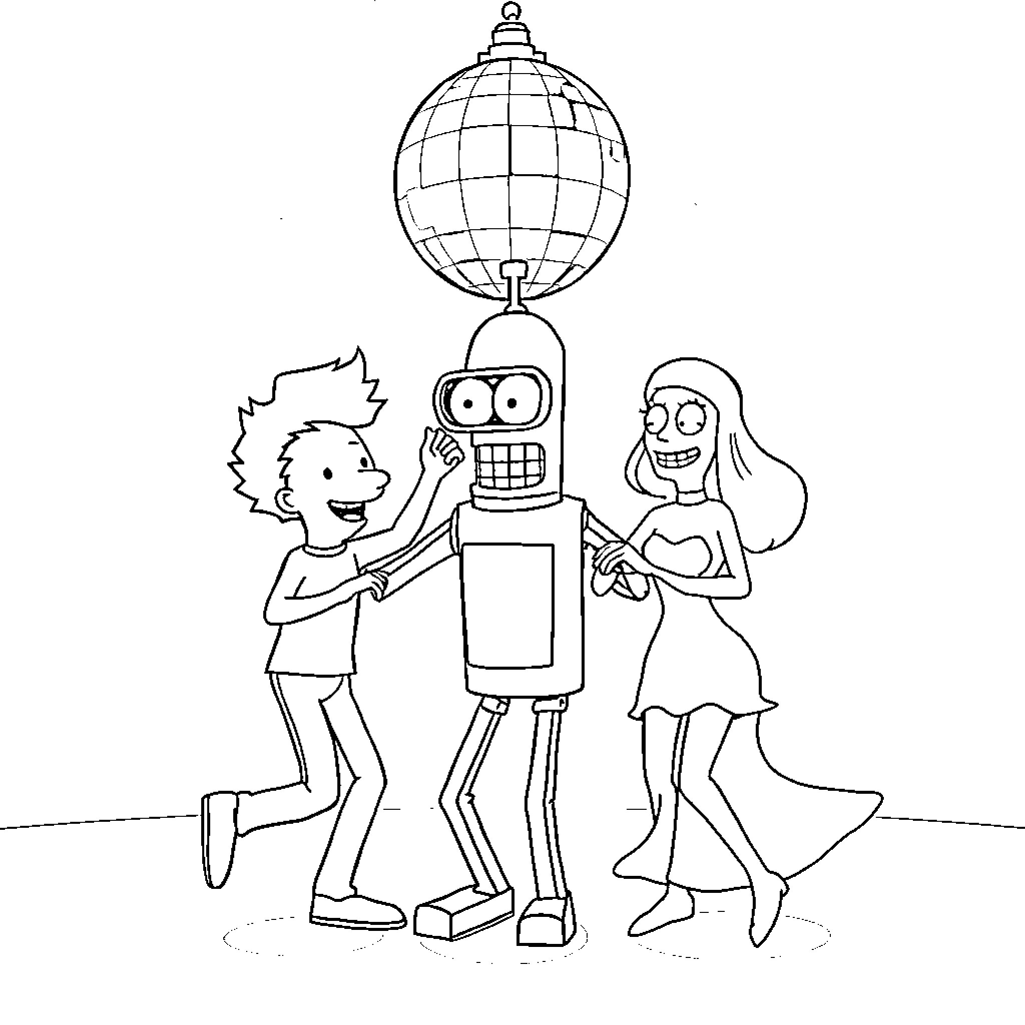 Fry and friends dancing with a disco ball robot Coloring Page (free black-and-white line drawing printable PDF for all, from beginners to advanced learners, including children, teens, adults, and seniors)