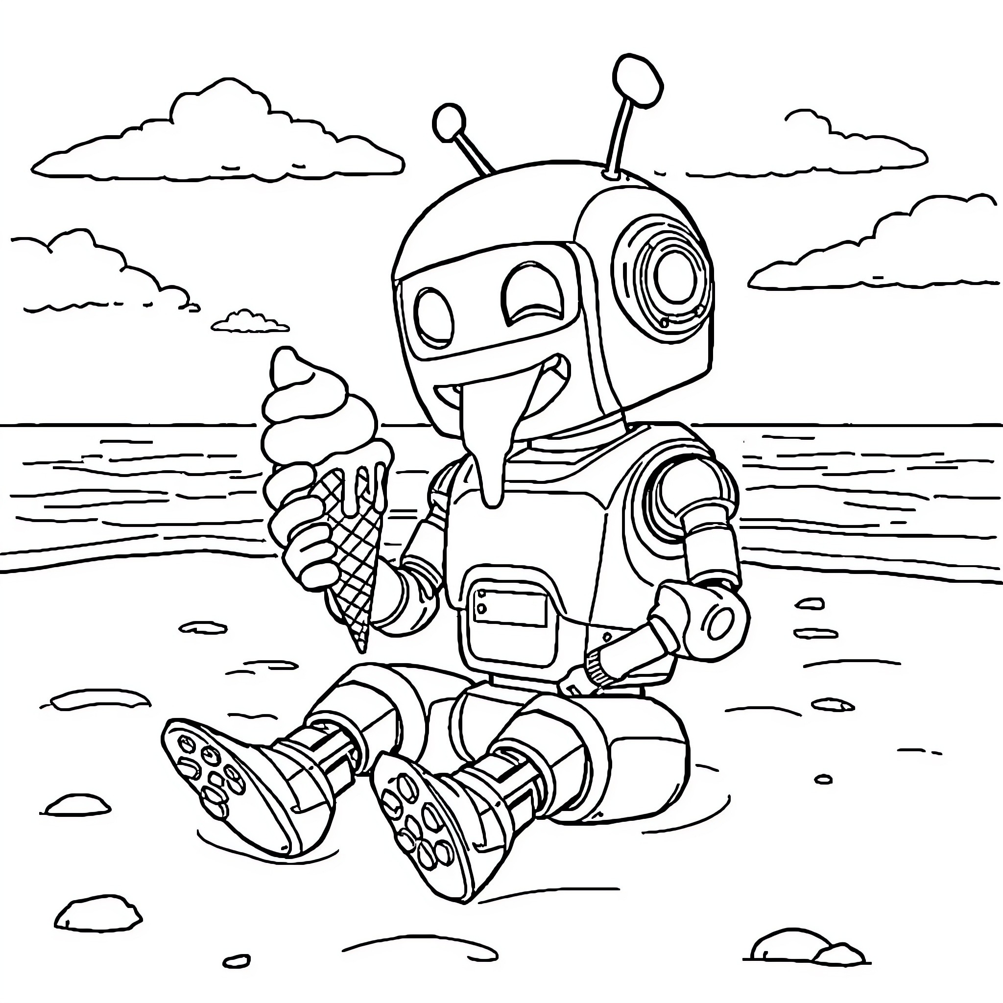 Robot enjoying an ice cream by the beach Coloring Page (free black-and-white line drawing printable PDF for all, from beginners to advanced learners, including children, teens, adults, and seniors)