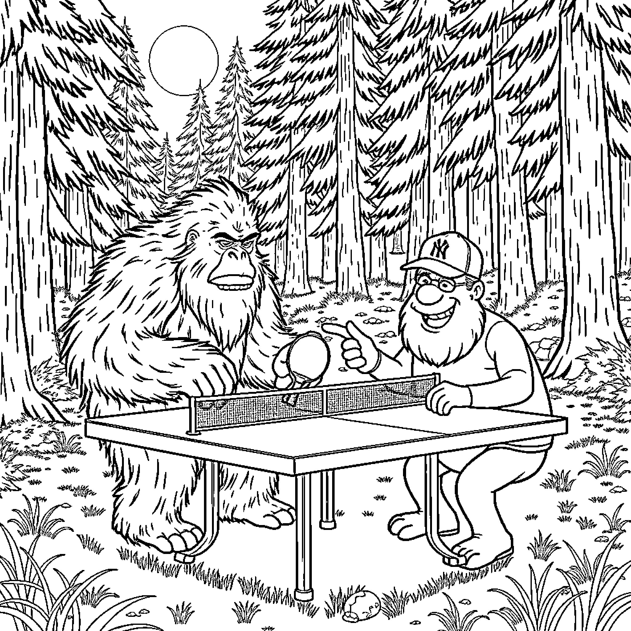 Sasquatch Playing Ping-Pong with Bearded Hiker in Enchanted Forest Coloring Page (free black-and-white line drawing printable PDF for all, from beginners to advanced learners, including children, teens, adults, and seniors)