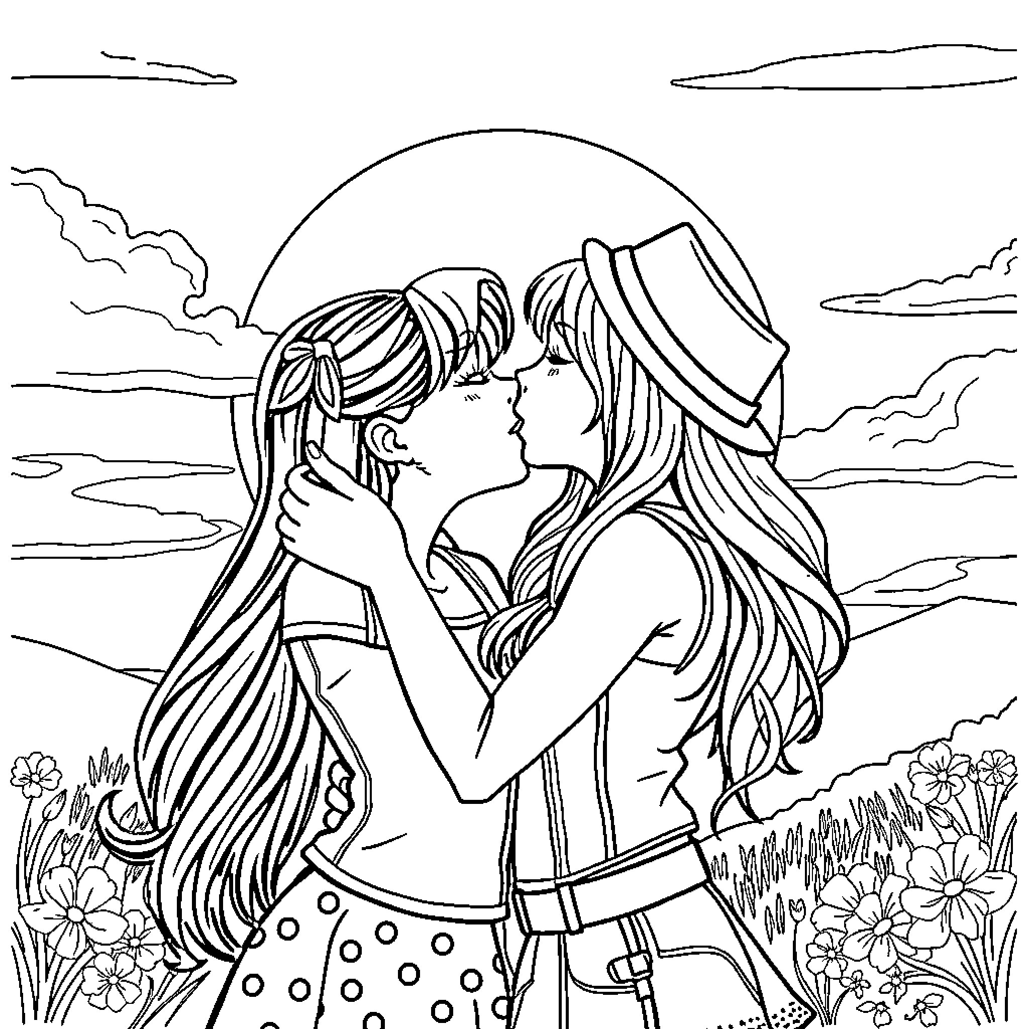 Lizzie McGuire sharing an intimate moment with her friend Coloring Page (free black-and-white line drawing printable PDF for all, from beginners to advanced learners, including children, teens, adults, and seniors)