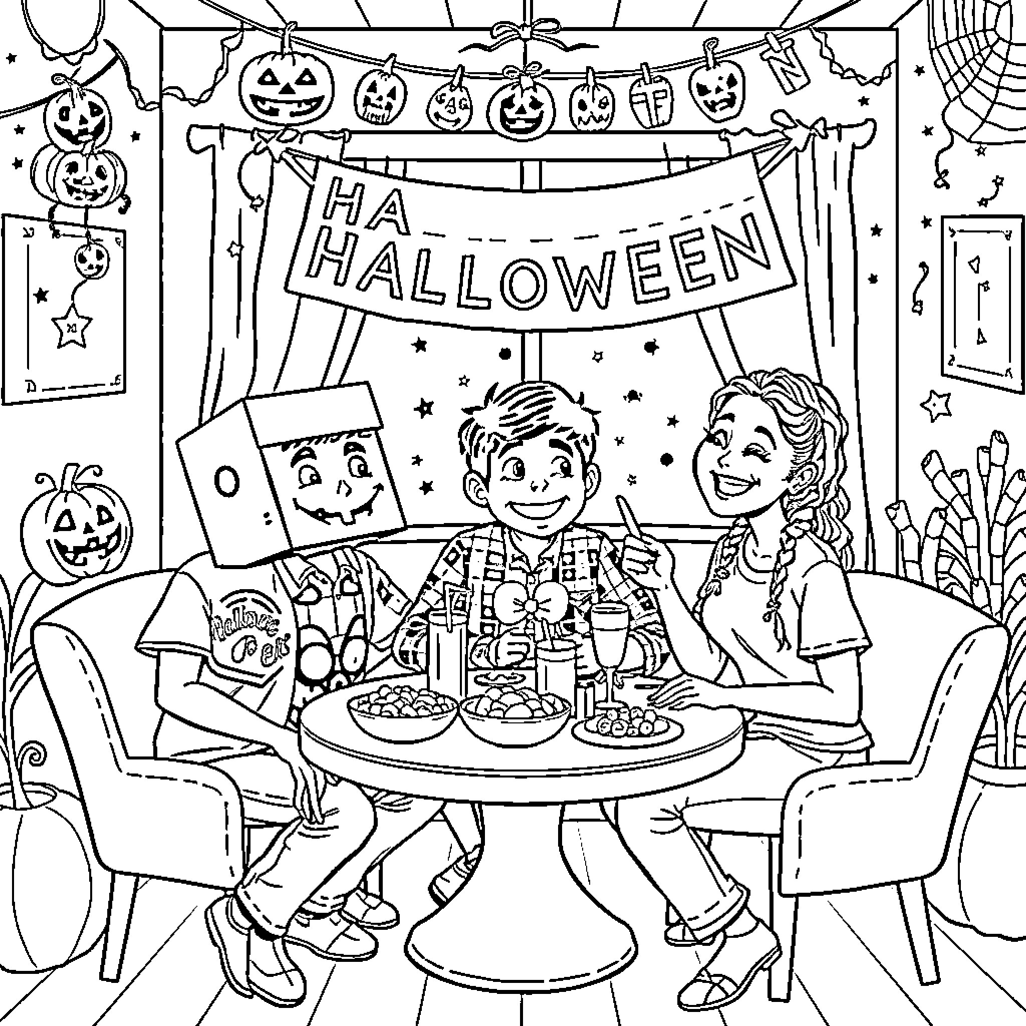 Friends enjoying Halloween party together Coloring Page (free black-and-white line drawing printable PDF for all, from beginners to advanced learners, including children, teens, adults, and seniors)