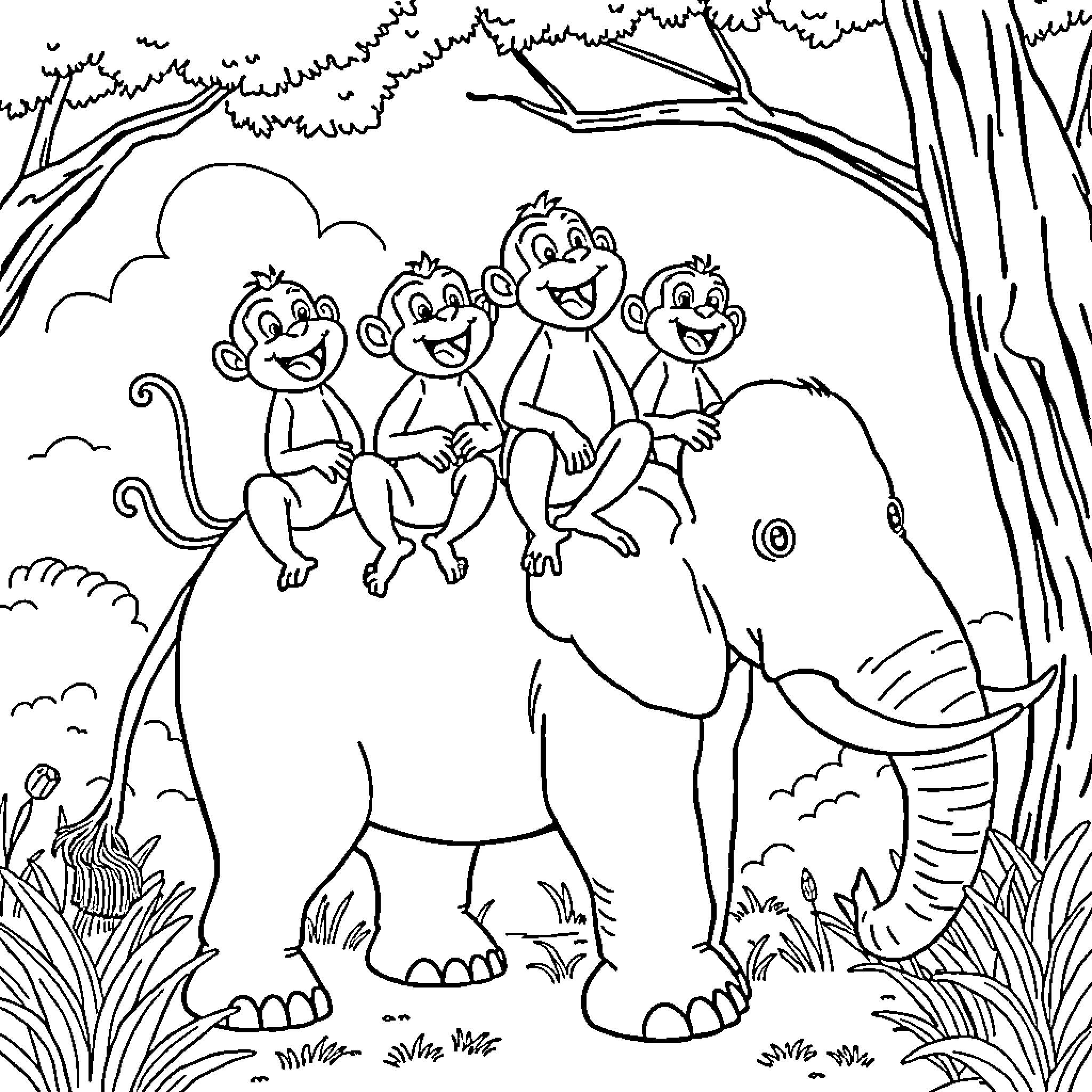 Monkey friends riding on an elephant in the forest Coloring Page (free black-and-white line drawing printable PDF for all, from beginners to advanced learners, including children, teens, adults, and seniors)