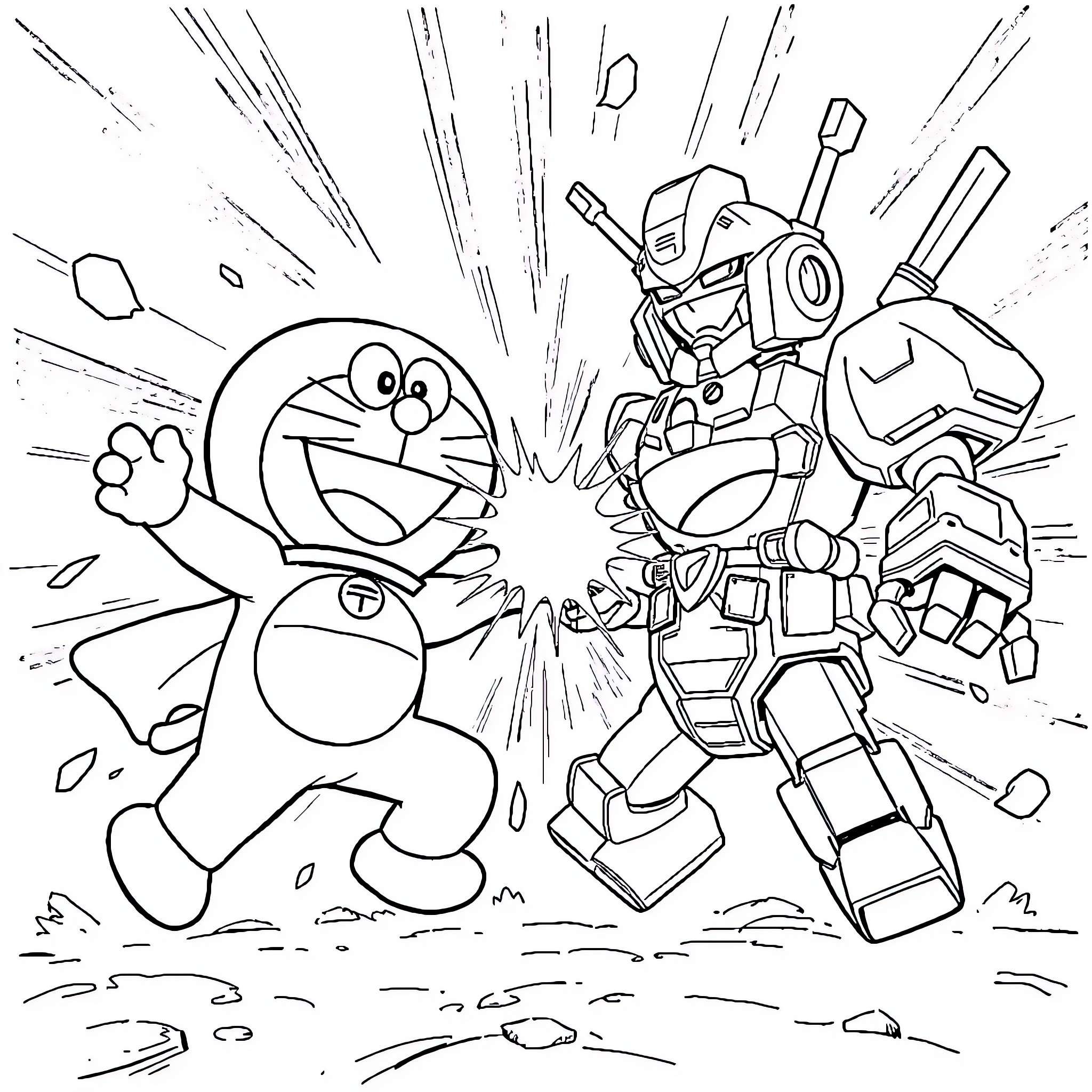 Labubu fighting against giant robot Coloring Page (free black-and-white line drawing printable PDF for all, from beginners to advanced learners, including children, teens, adults, and seniors)