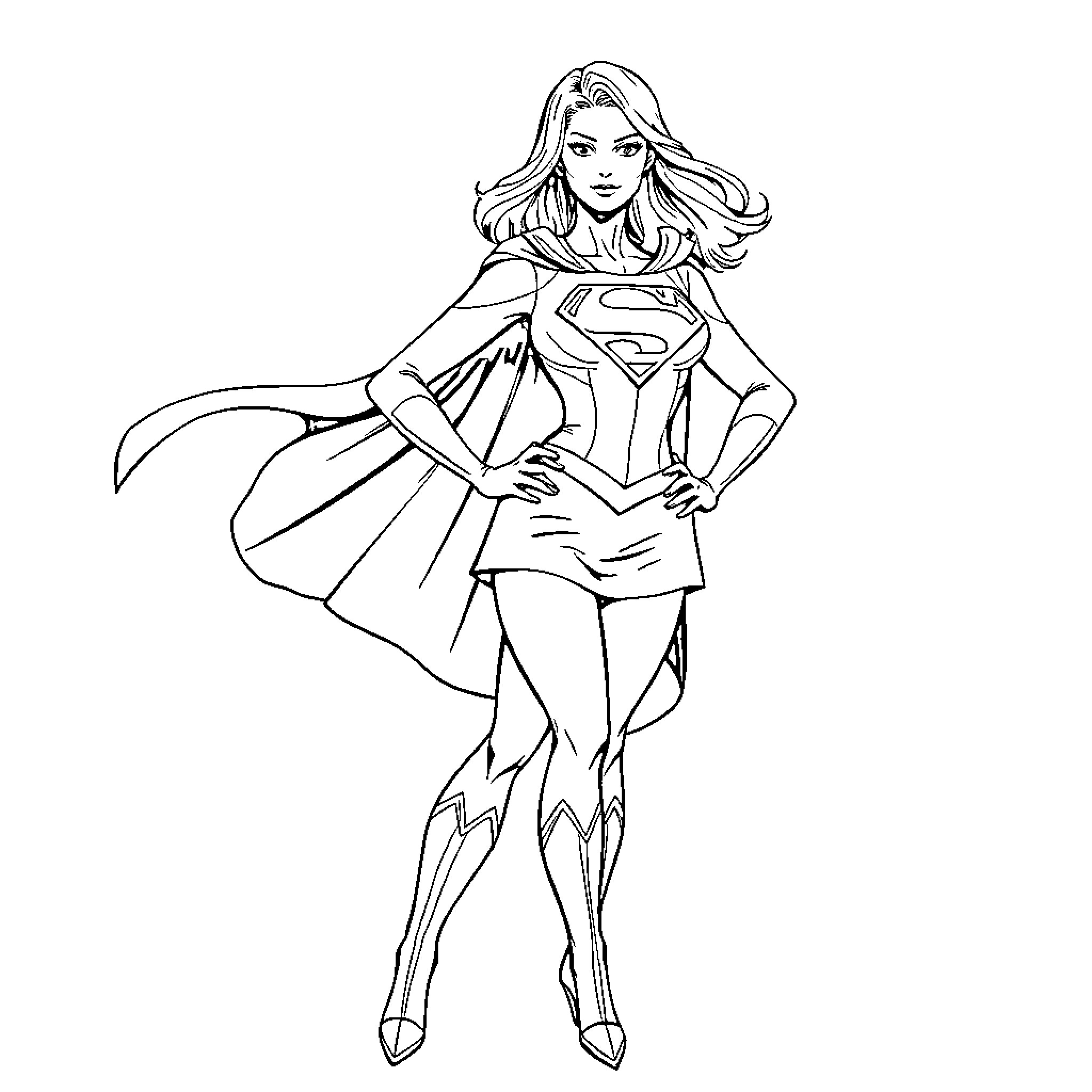 Supergirl in heroic pose with cape Coloring Page (free black-and-white line drawing printable PDF for all, from beginners to advanced learners, including children, teens, adults, and seniors)