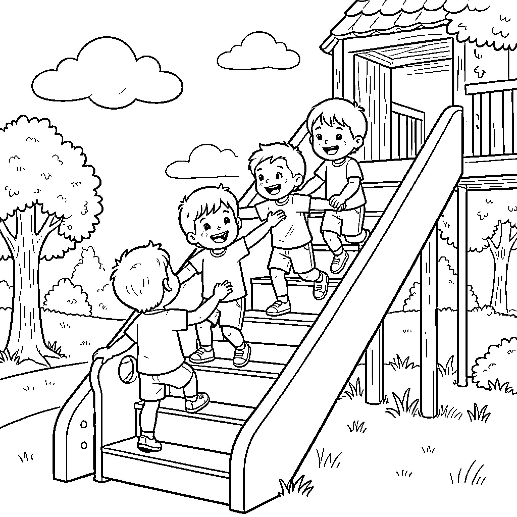 Children playing happily on the playground Coloring Page (free black-and-white line drawing printable PDF for all, from beginners to advanced learners, including children, teens, adults, and seniors)