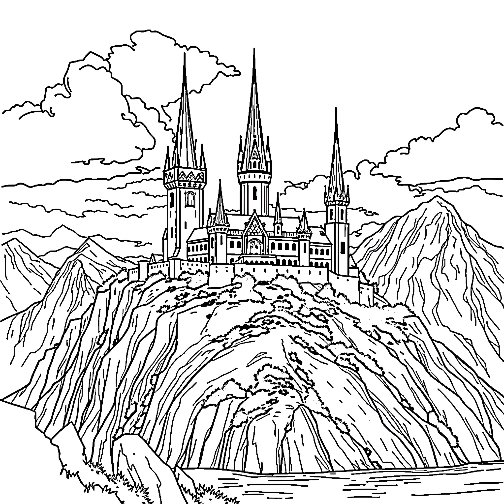 Kingdom of the Towering Spires and Cliffside Fortress Coloring Page (free black-and-white line drawing printable PDF for all, from beginners to advanced learners, including children, teens, adults, and seniors)