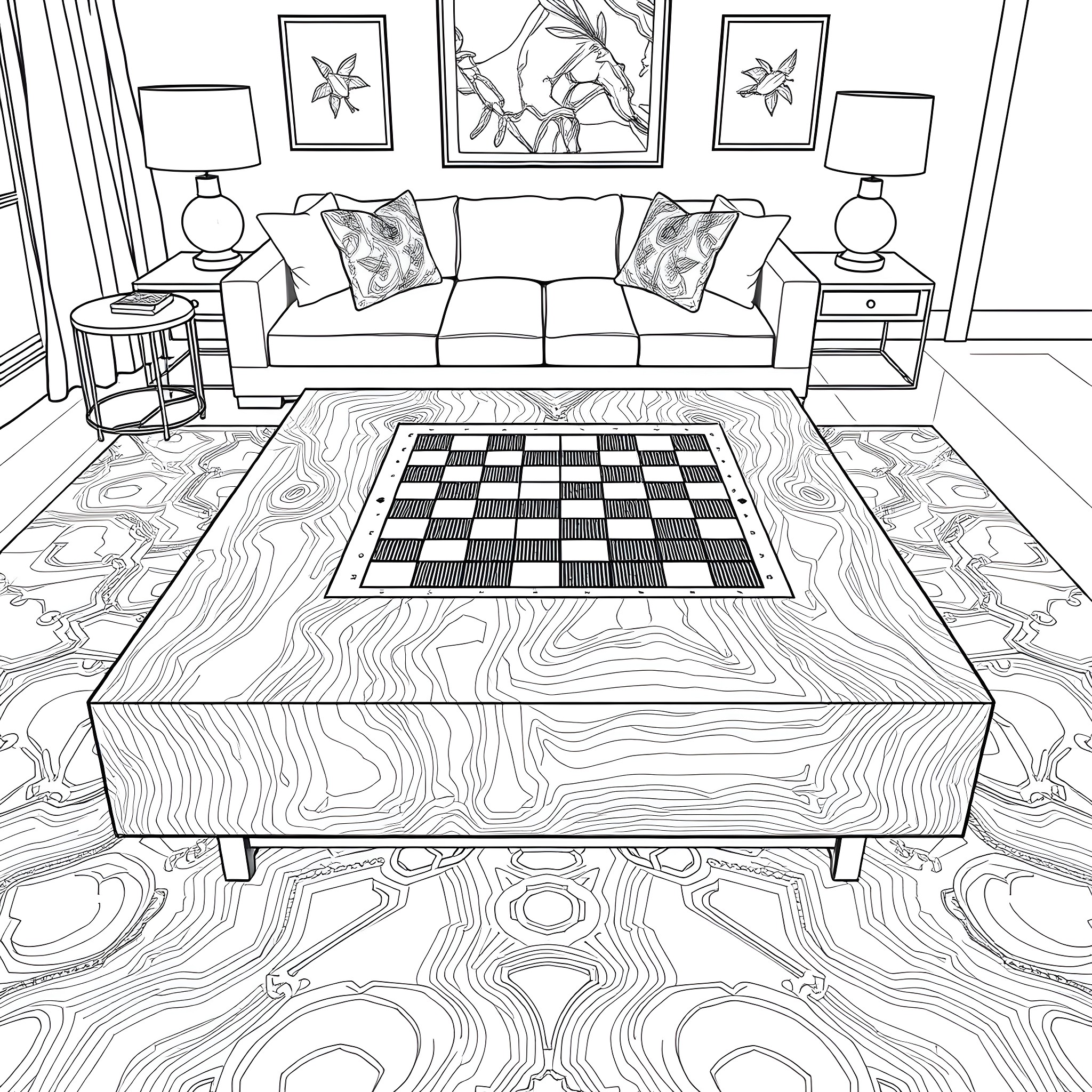 Table with Decorative Elements in Living Room Coloring Page (free black-and-white line drawing printable PDF for all, from beginners to advanced learners, including children, teens, adults, and seniors)