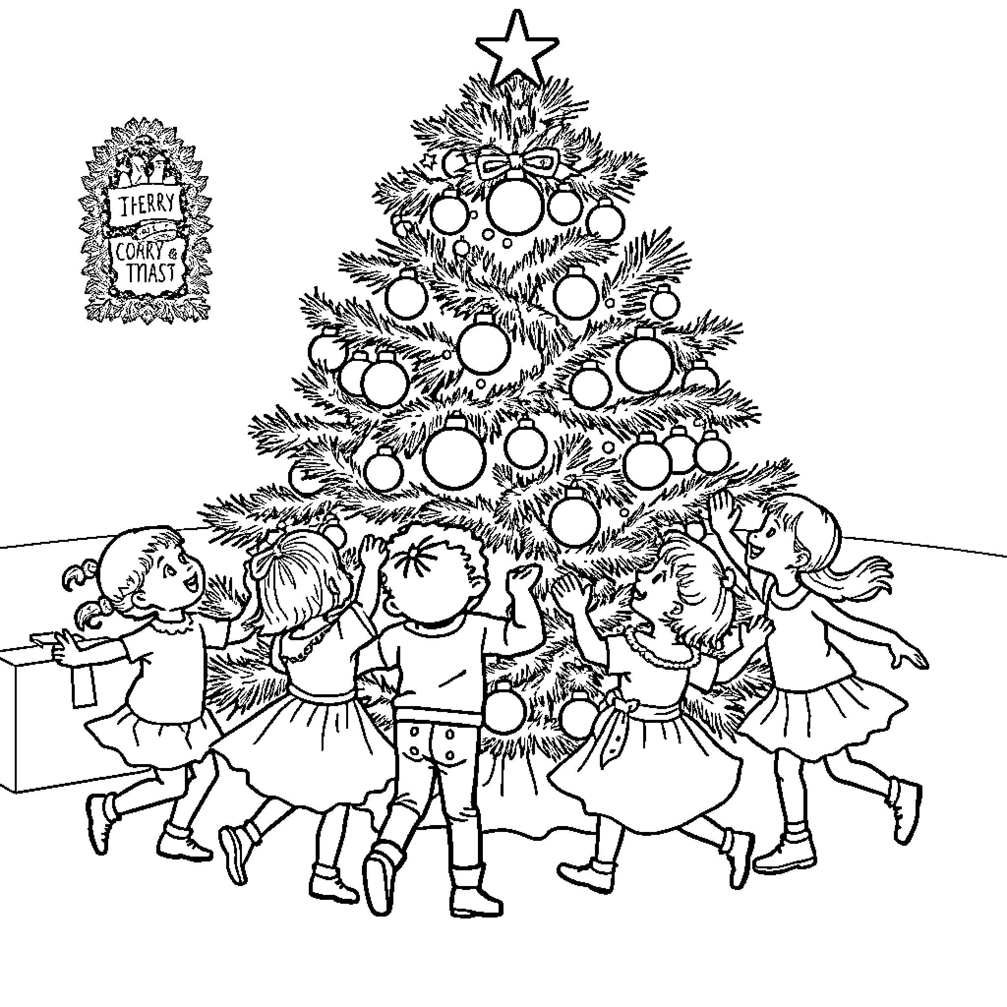 Child dancing around festive Christmas tree Coloring Page (free black-and-white line drawing printable PDF for all, from beginners to advanced learners, including children, teens, adults, and seniors)