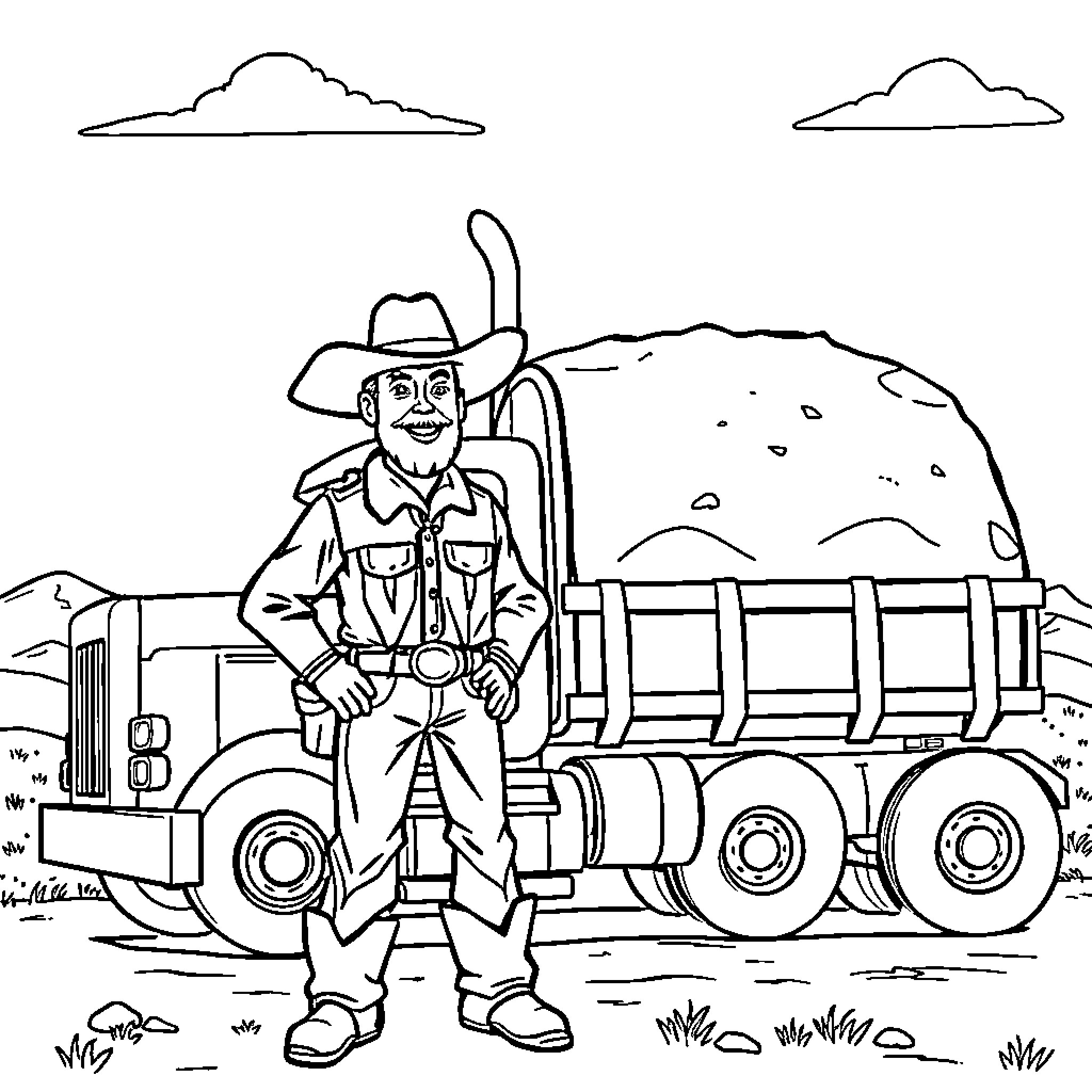 Cowboy standing proudly next to his truck in the desert Coloring Page (free black-and-white line drawing printable PDF for all, from beginners to advanced learners, including children, teens, adults, and seniors)
