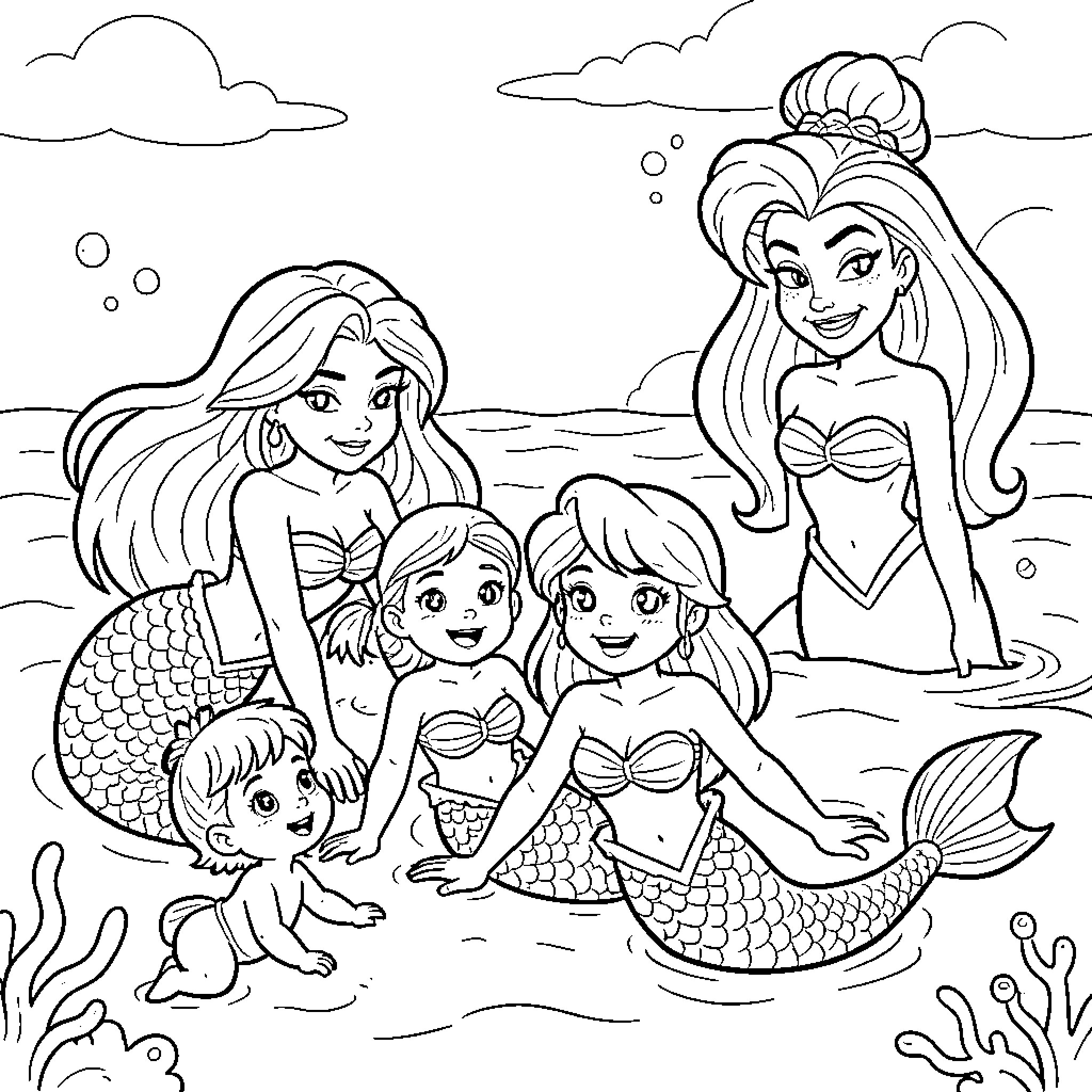 Mermaid group smiling together in the ocean waves Coloring Page (free black-and-white line drawing printable PDF for all, from beginners to advanced learners, including children, teens, adults, and seniors)