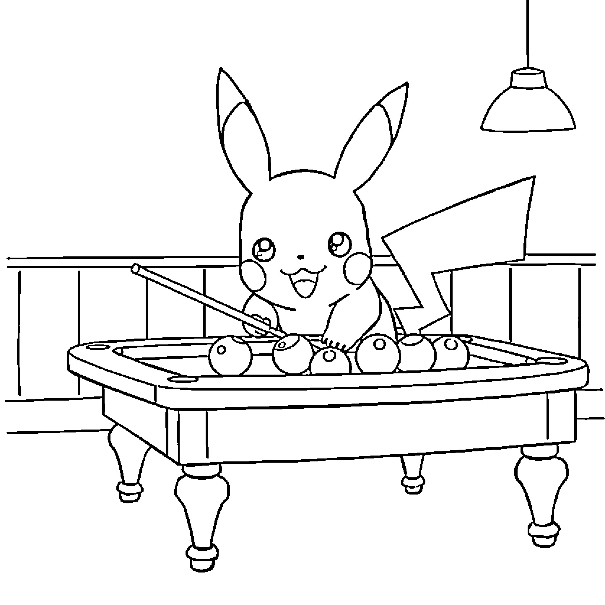 Pikachu playing happily on a grand piano Coloring Page (free black-and-white line drawing printable PDF for all, from beginners to advanced learners, including children, teens, adults, and seniors)