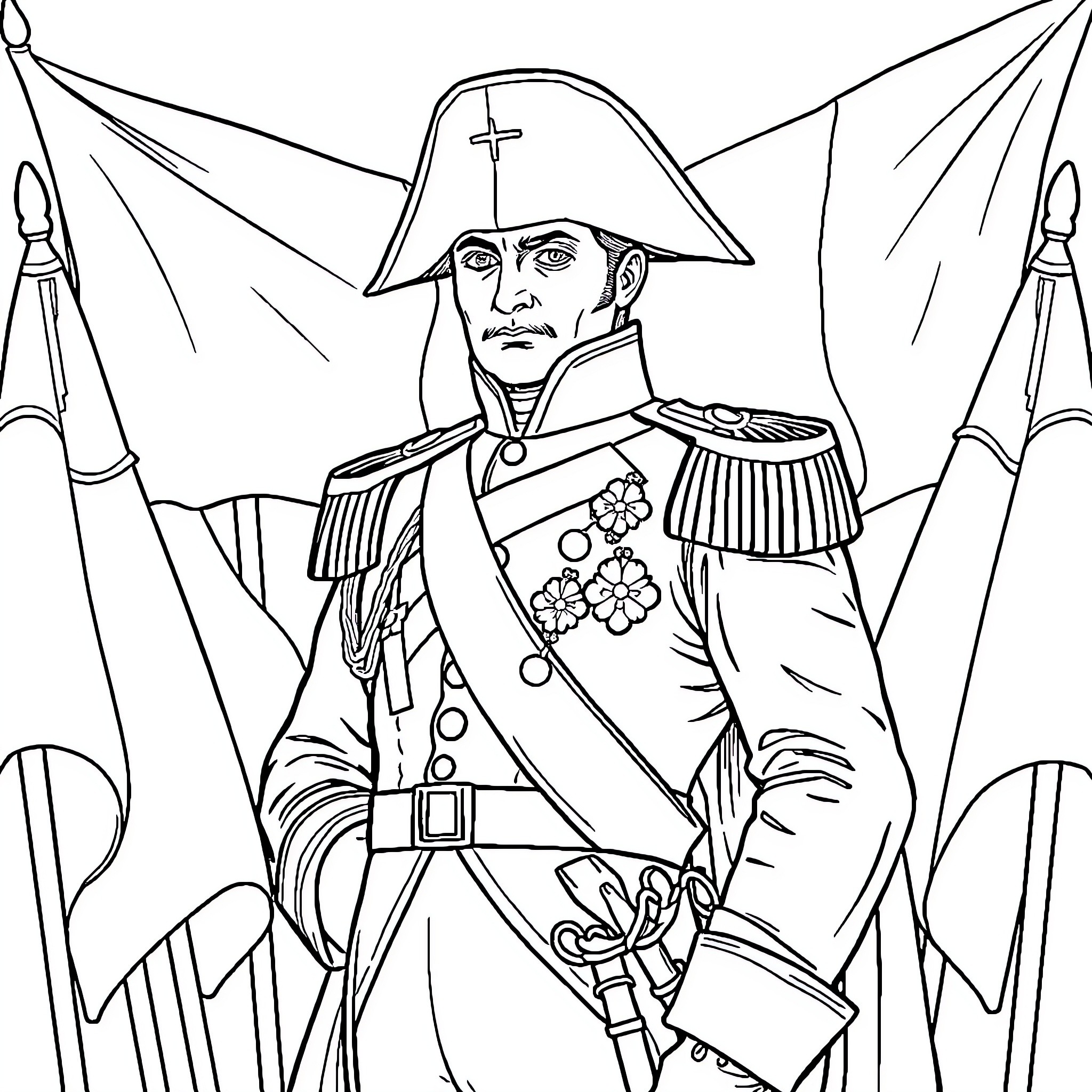 Napoleon's Commanding Presence amid Flags and Banners Coloring Page (free black-and-white line drawing printable PDF for all, from beginners to advanced learners, including children, teens, adults, and seniors)