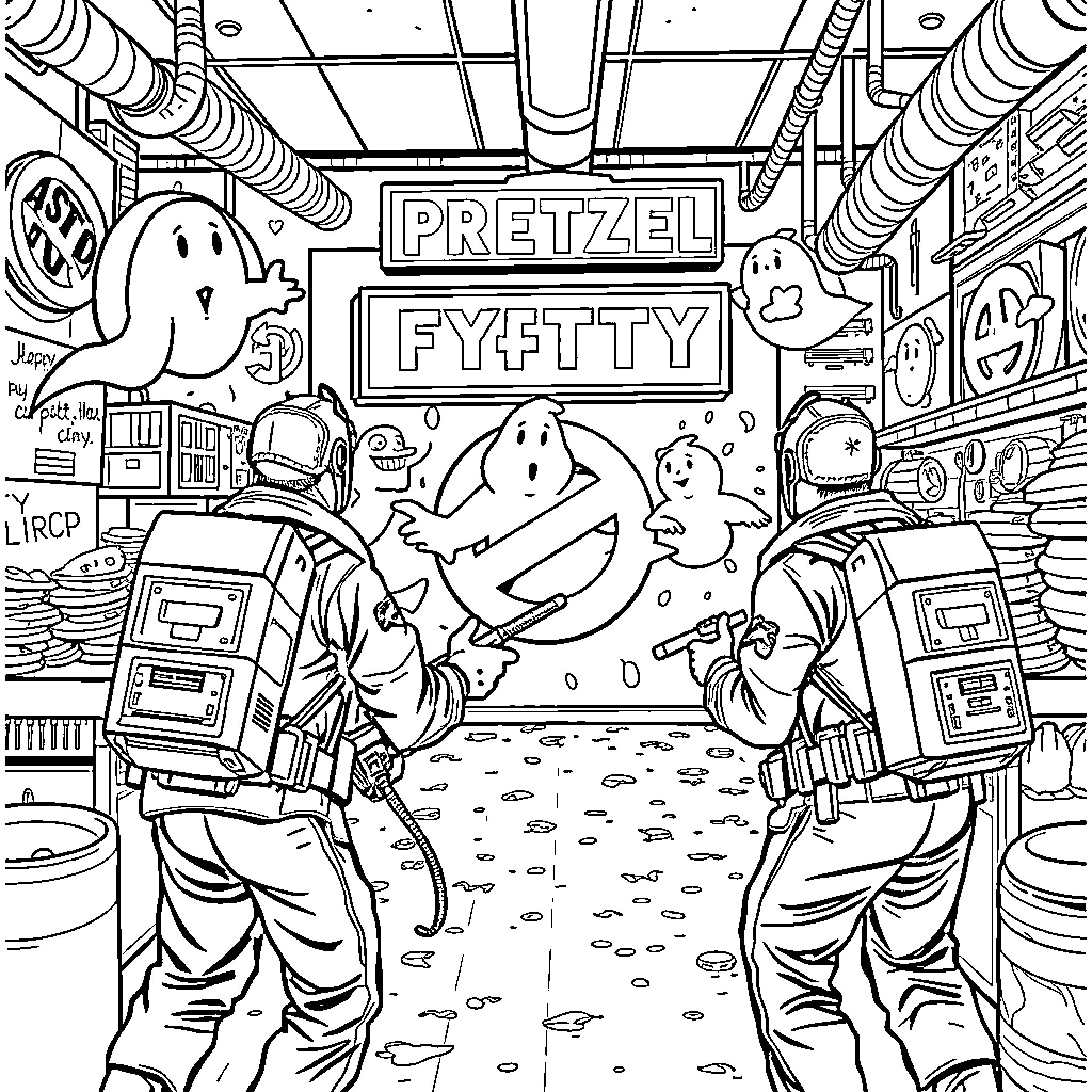 Ghost Busters exploring a whimsical ghost-filled scene Coloring Page (free black-and-white line drawing printable PDF for all, from beginners to advanced learners, including children, teens, adults, and seniors)