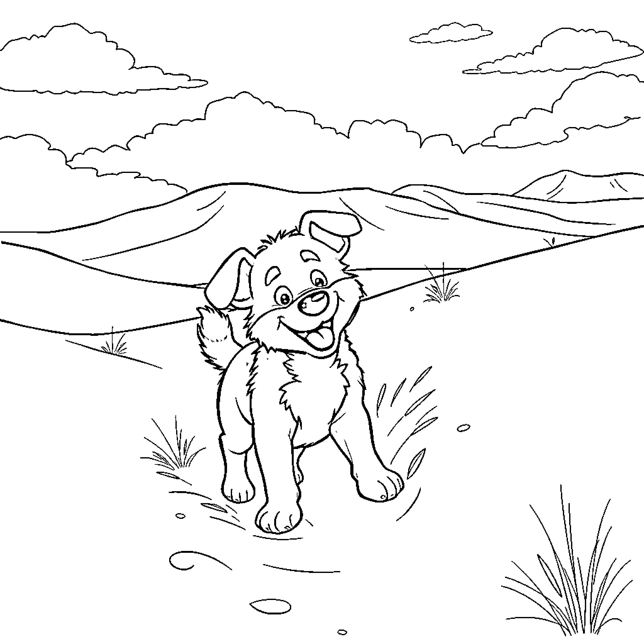 Bluey playing happily in the mountains Coloring Page (free black-and-white line drawing printable PDF for all, from beginners to advanced learners, including children, teens, adults, and seniors)