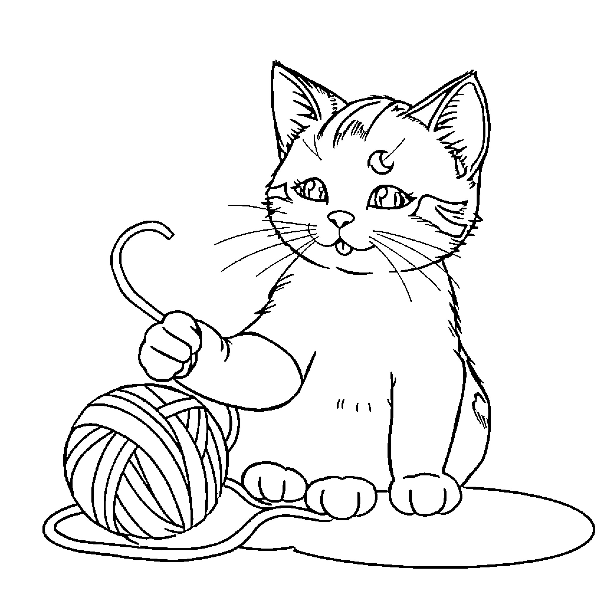 Cat playing with yarn on the floor Coloring Page (free black-and-white line drawing printable PDF for all, from beginners to advanced learners, including children, teens, adults, and seniors)